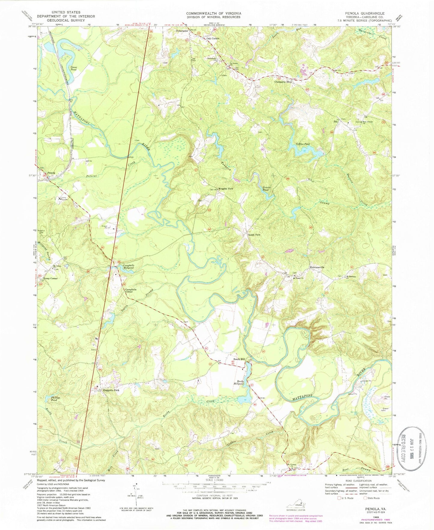 Classic USGS Penola Virginia 7.5'x7.5' Topo Map Image