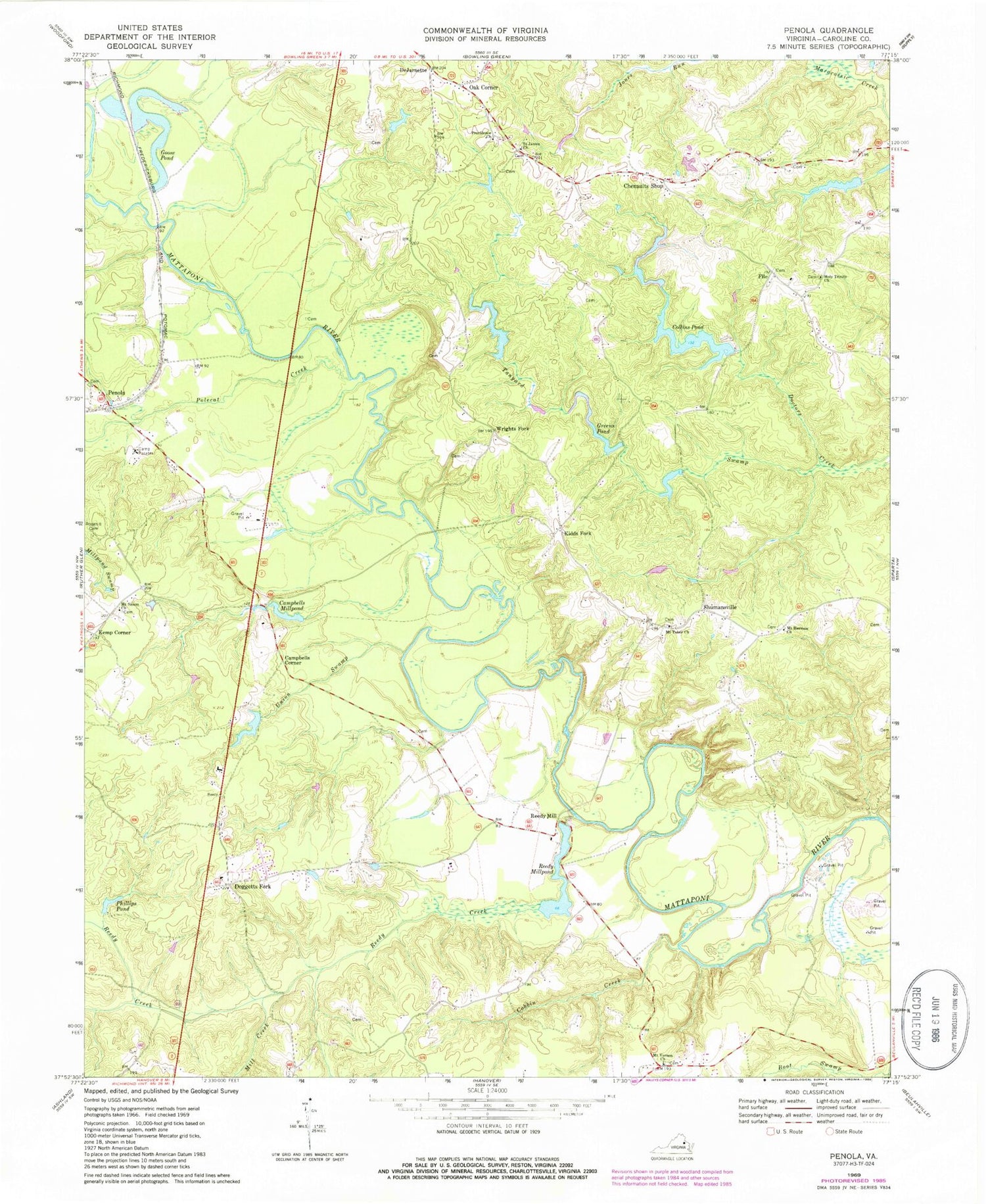 Classic USGS Penola Virginia 7.5'x7.5' Topo Map Image
