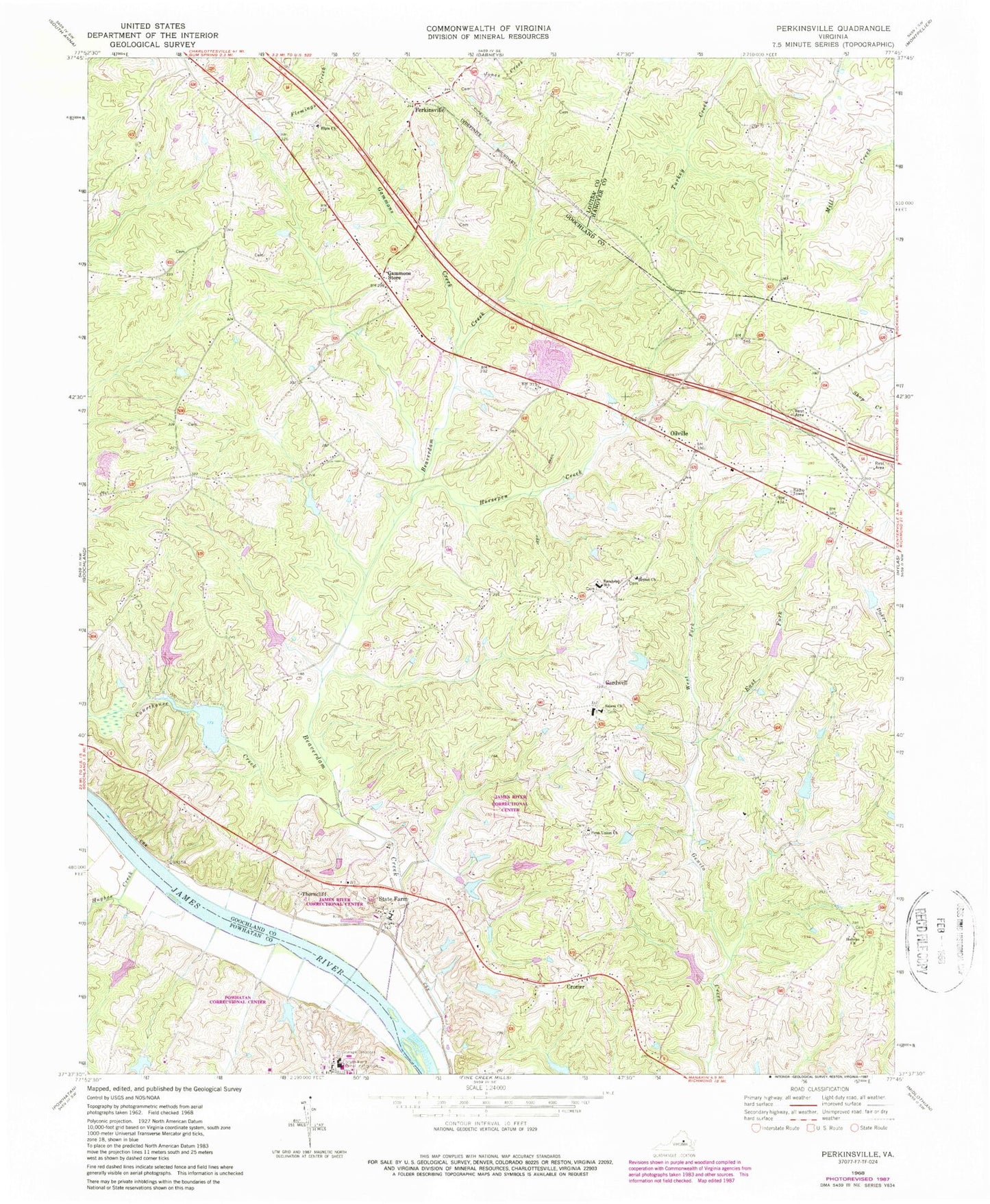 Classic USGS Perkinsville Virginia 7.5'x7.5' Topo Map Image
