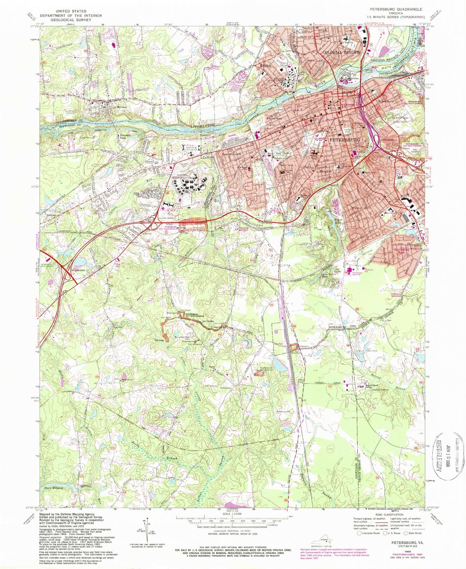 Classic USGS Petersburg Virginia 7.5'x7.5' Topo Map Image