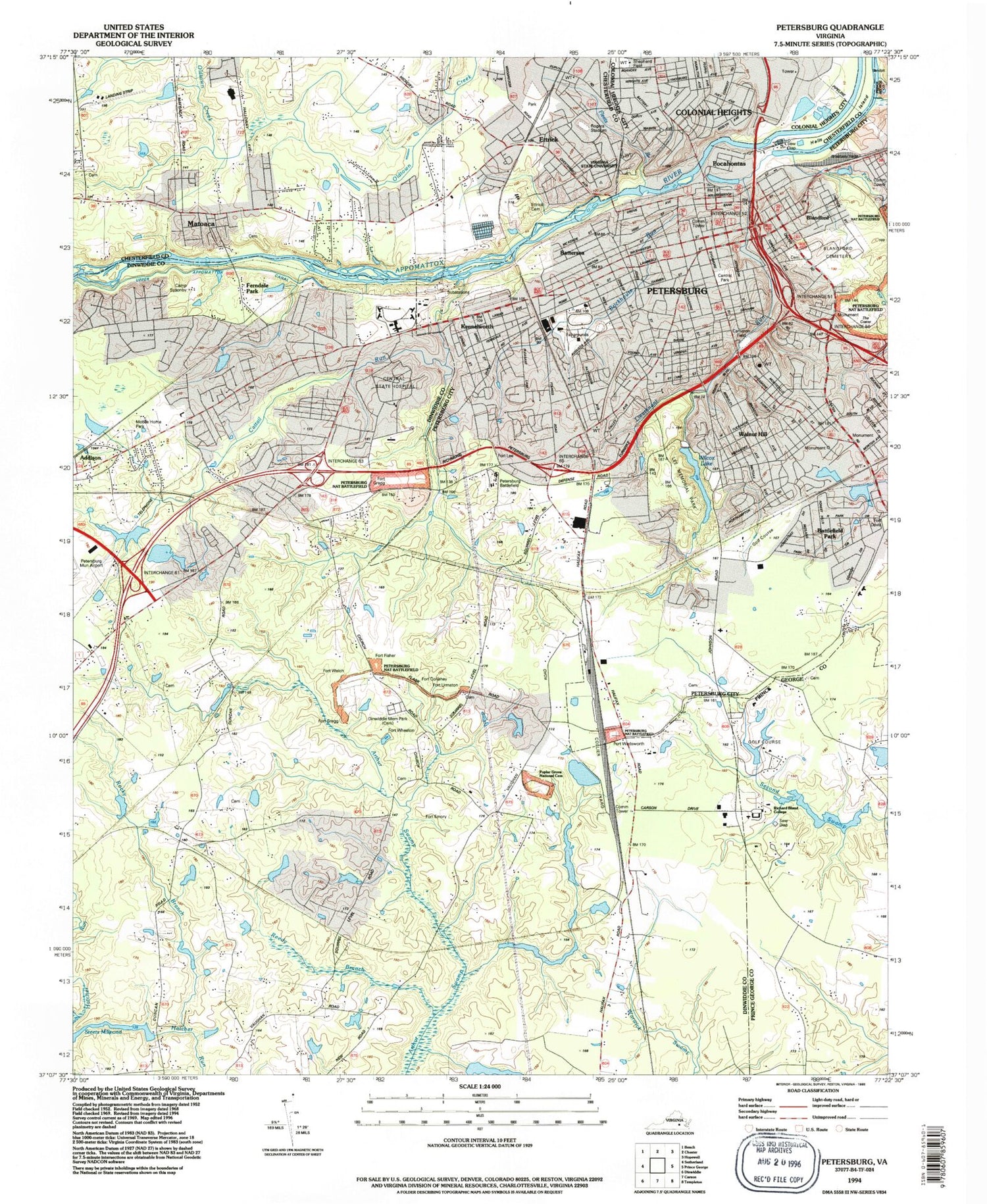Classic USGS Petersburg Virginia 7.5'x7.5' Topo Map Image