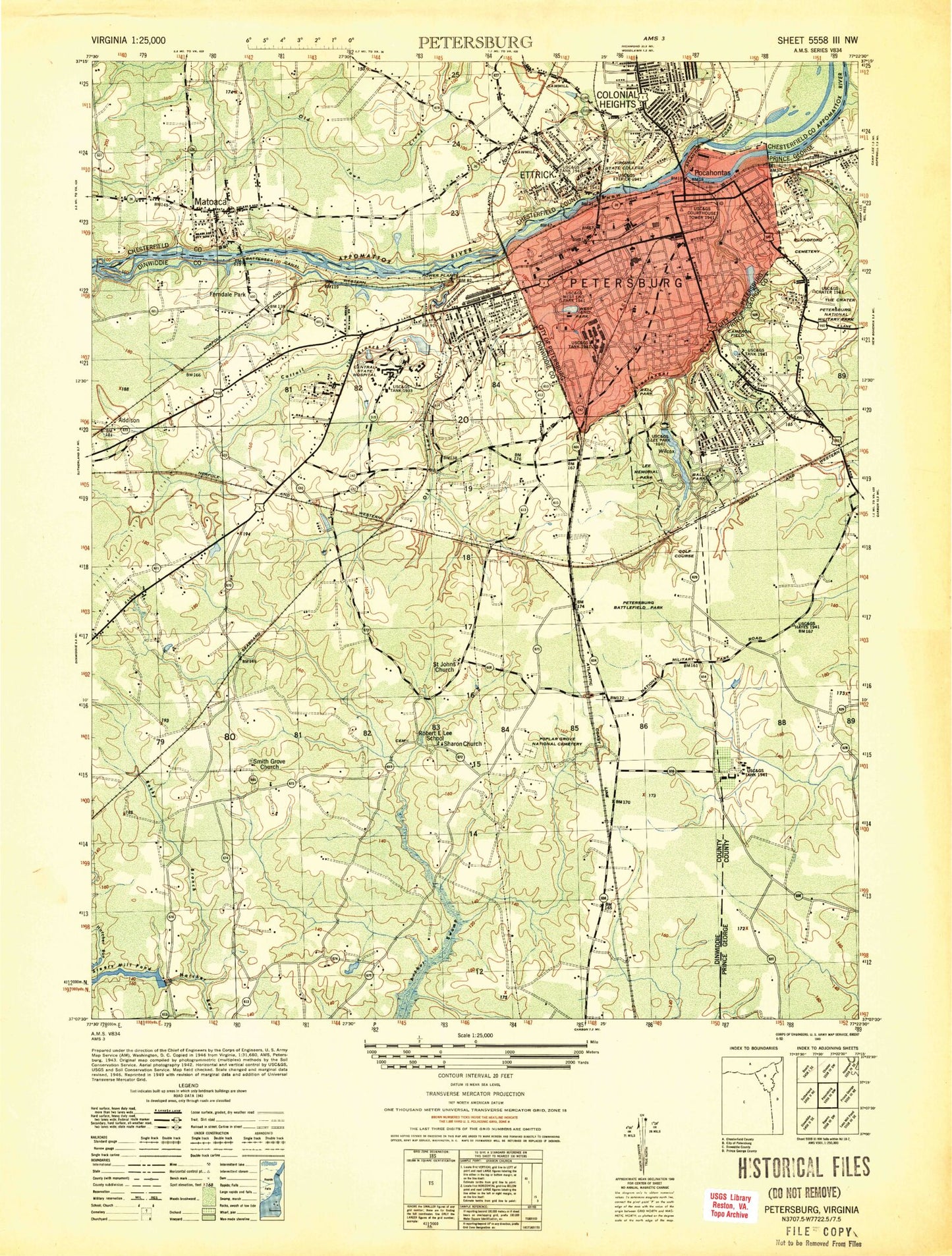Classic USGS Petersburg Virginia 7.5'x7.5' Topo Map Image