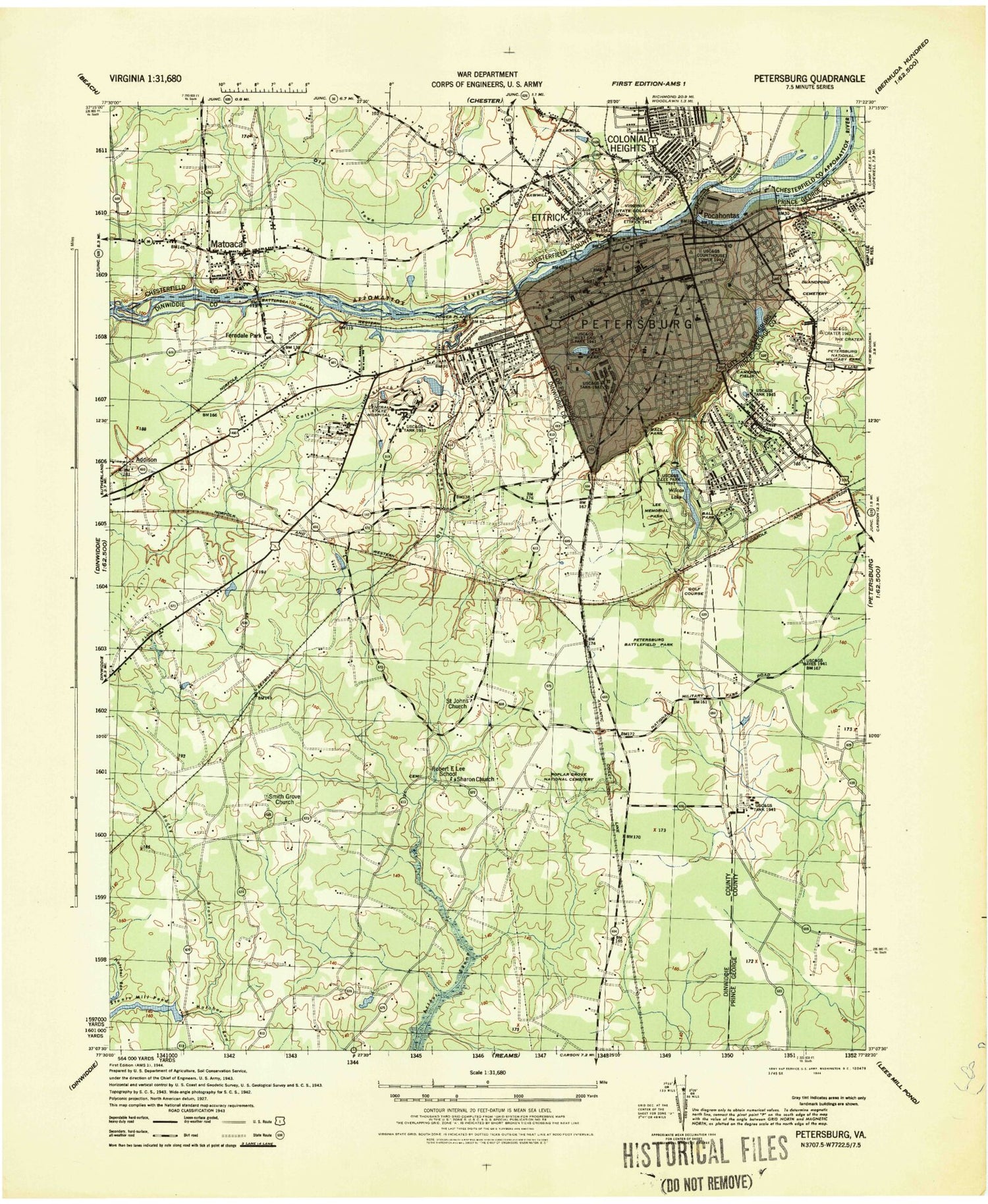 Classic USGS Petersburg Virginia 7.5'x7.5' Topo Map Image