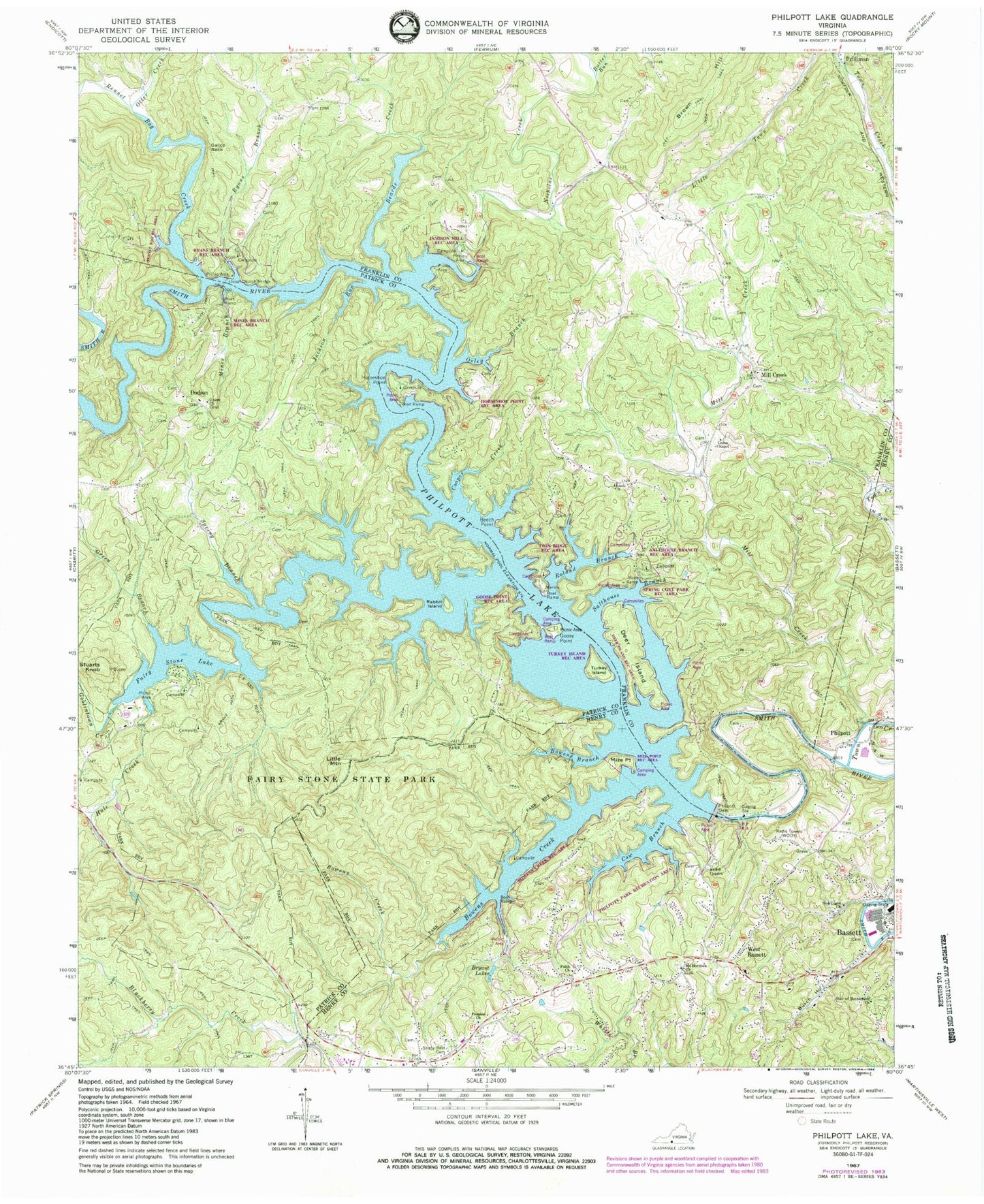 Classic USGS Philpott Lake Virginia 7.5'x7.5' Topo Map Image