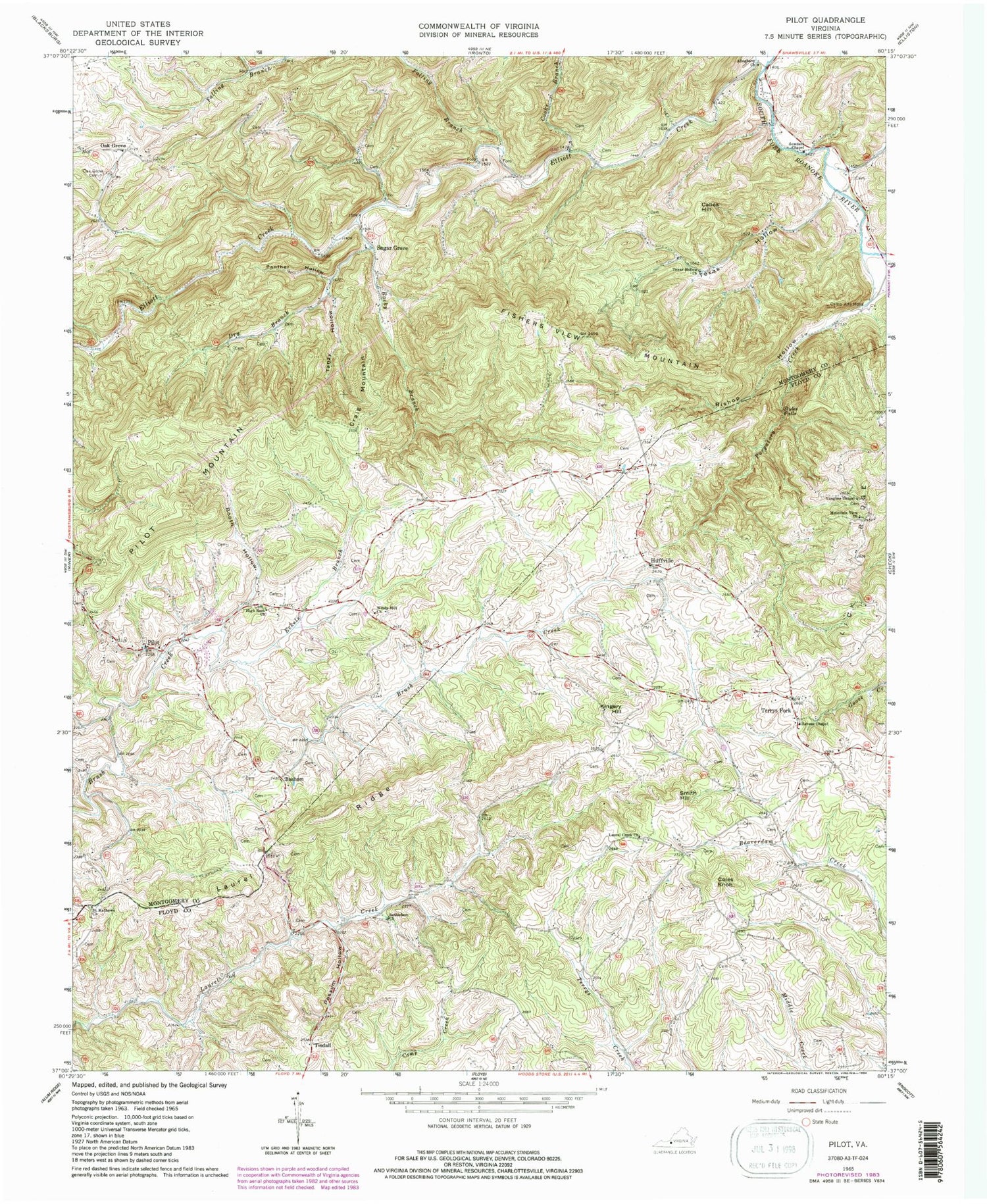 Classic USGS Pilot Virginia 7.5'x7.5' Topo Map Image