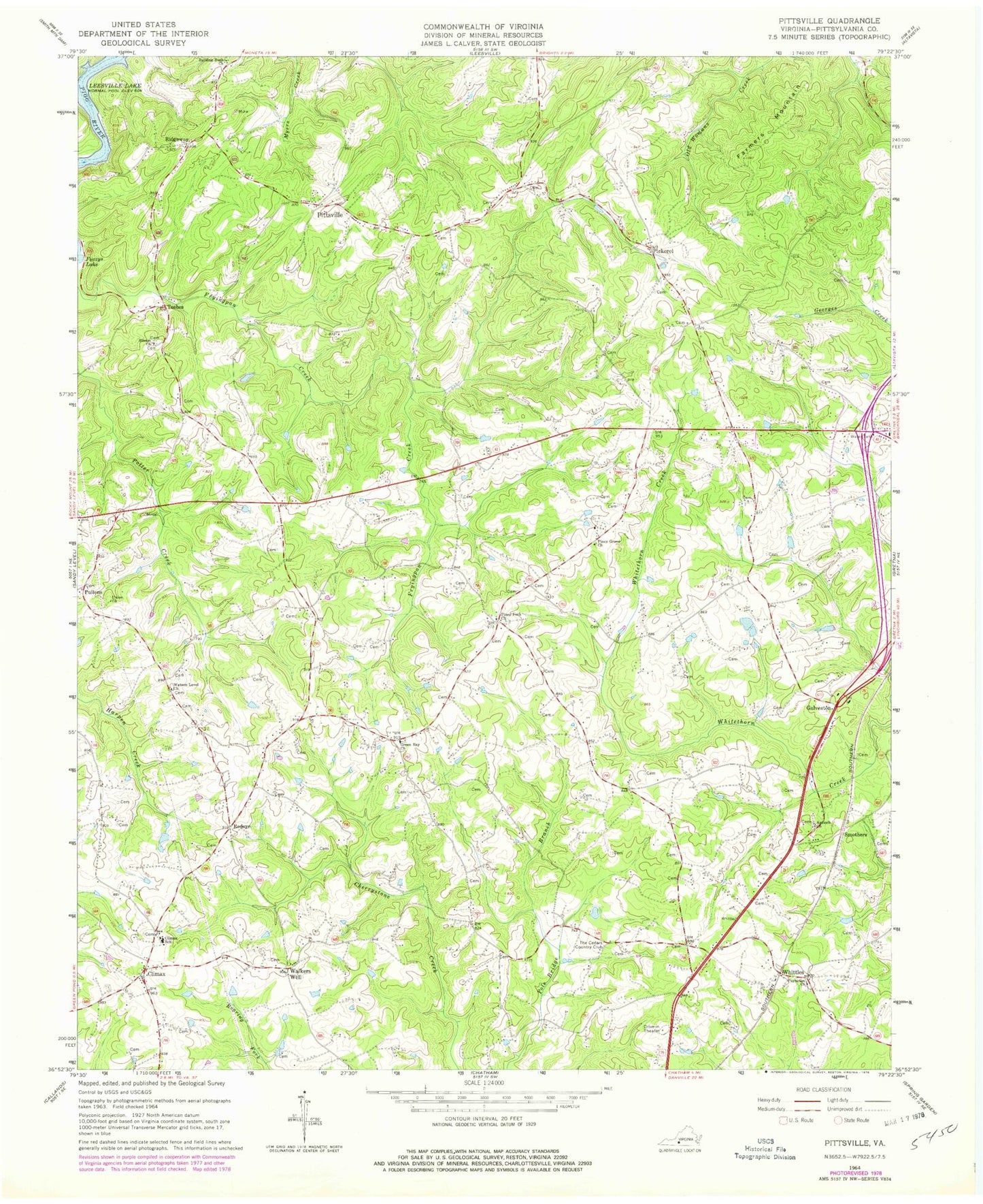 Classic USGS Pittsville Virginia 7.5'x7.5' Topo Map Image
