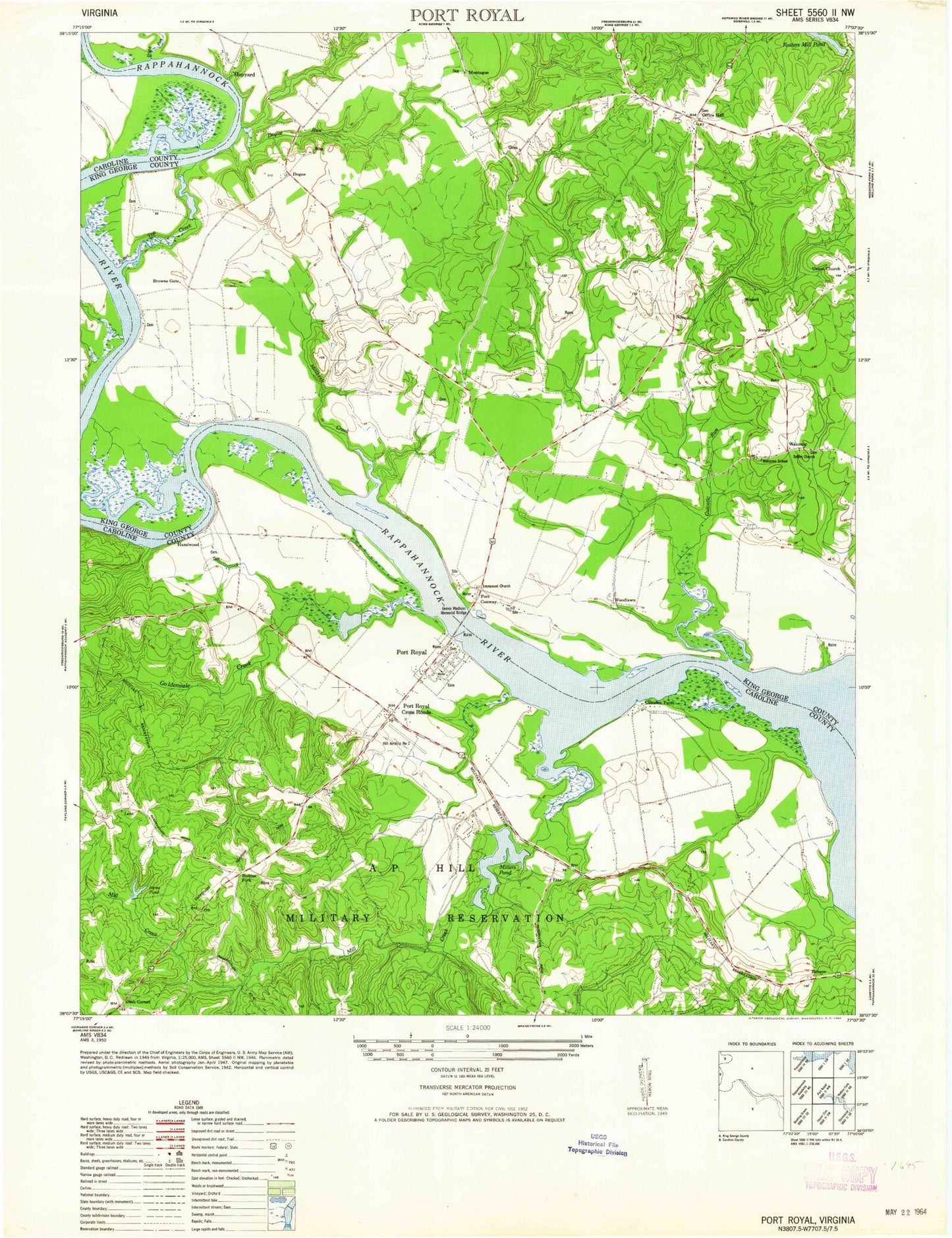 Classic USGS Port Royal Virginia 7.5'x7.5' Topo Map Image