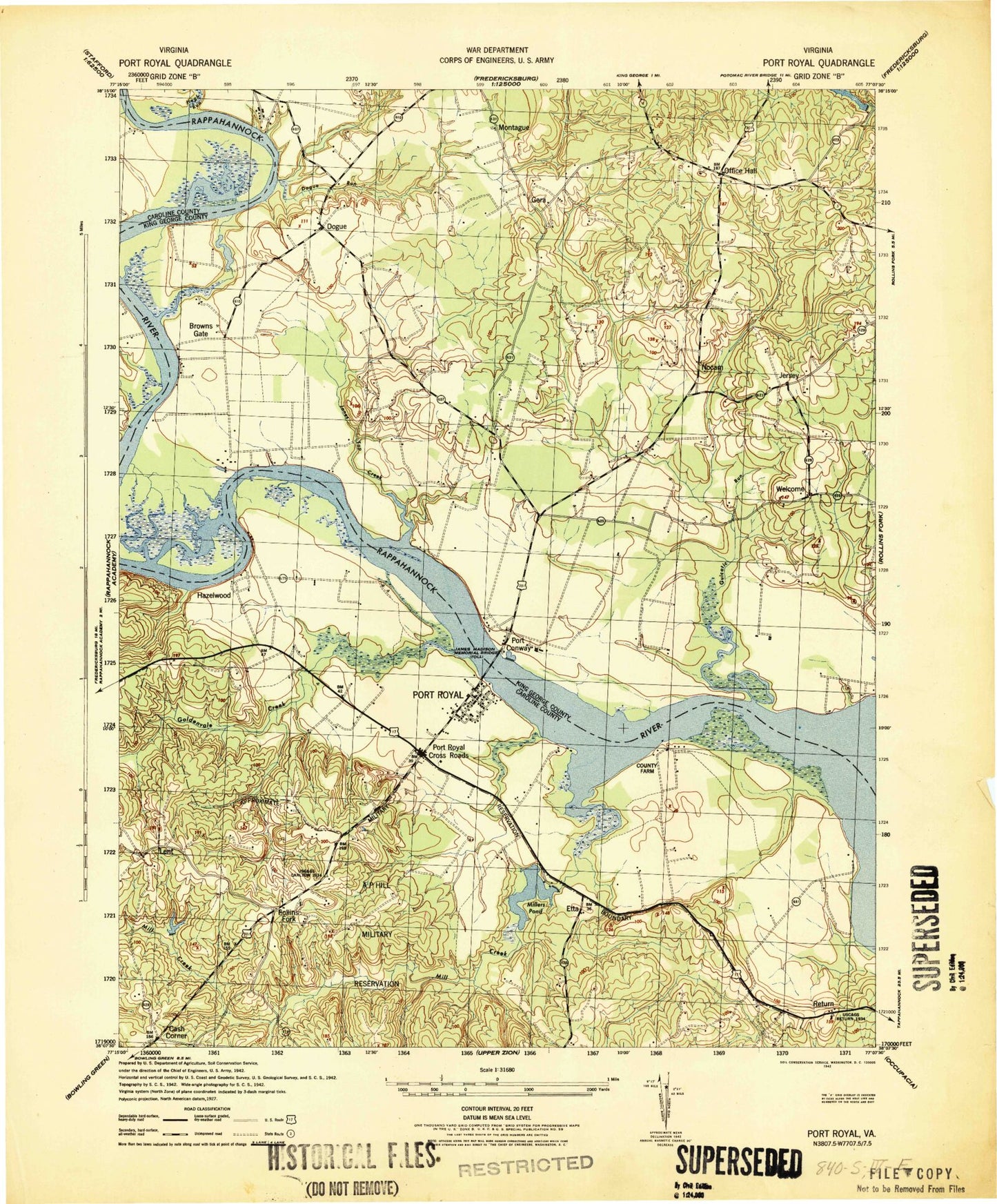 Classic USGS Port Royal Virginia 7.5'x7.5' Topo Map Image