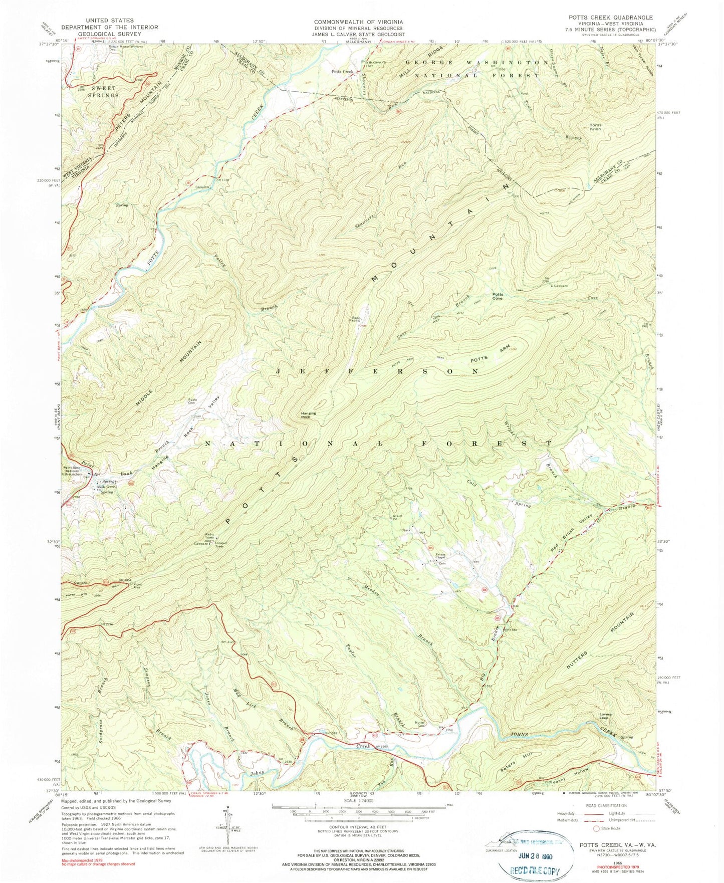 Classic USGS Potts Creek Virginia 7.5'x7.5' Topo Map Image