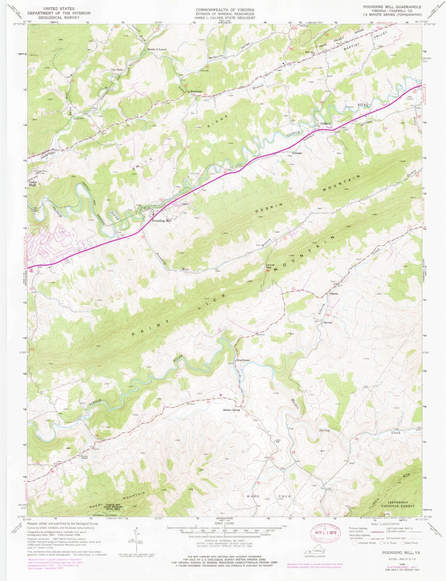 Classic USGS Pounding Mill Virginia 7.5'x7.5' Topo Map Image