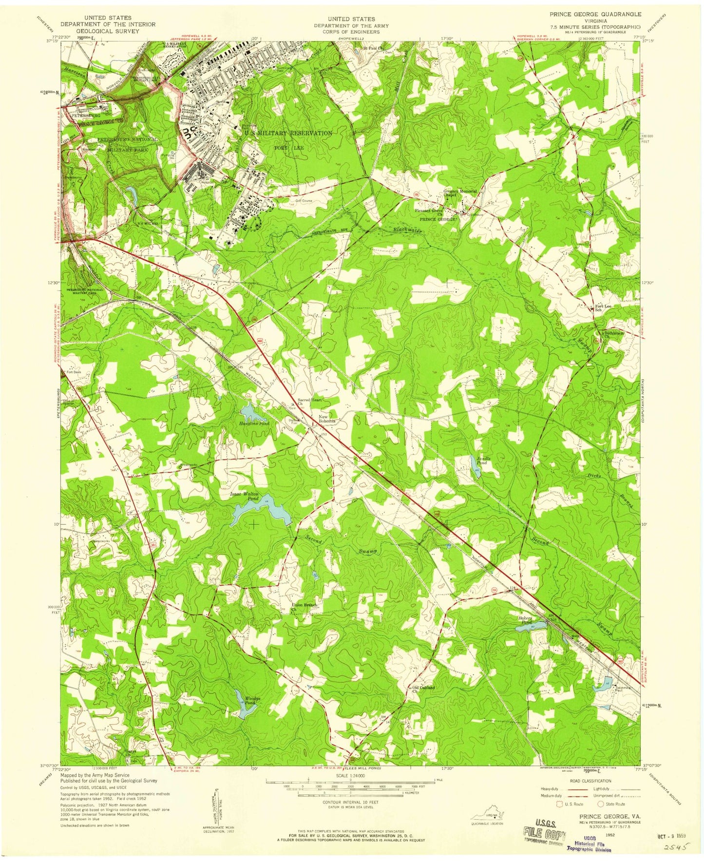 Classic USGS Prince George Virginia 7.5'x7.5' Topo Map Image