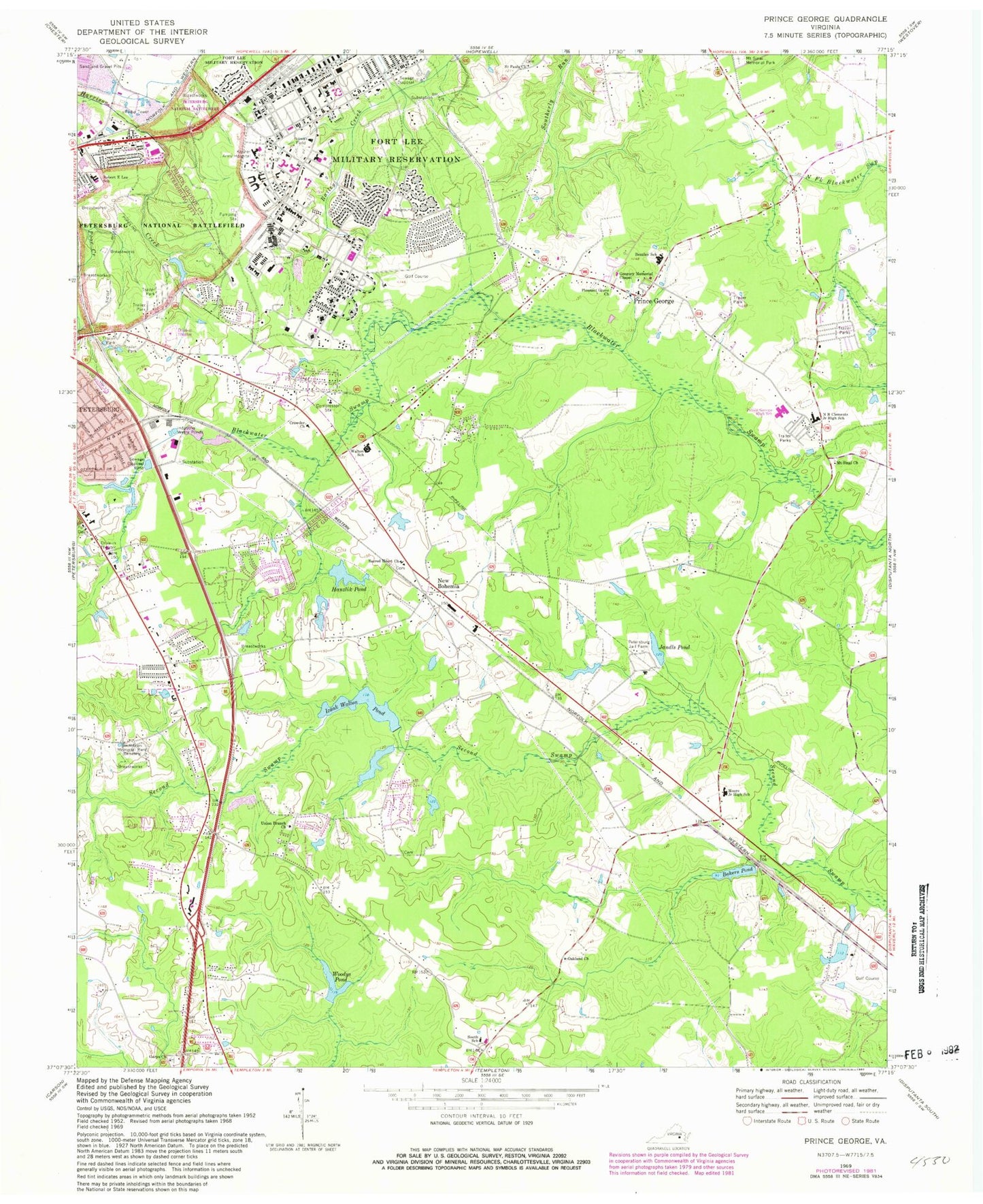 Classic USGS Prince George Virginia 7.5'x7.5' Topo Map Image