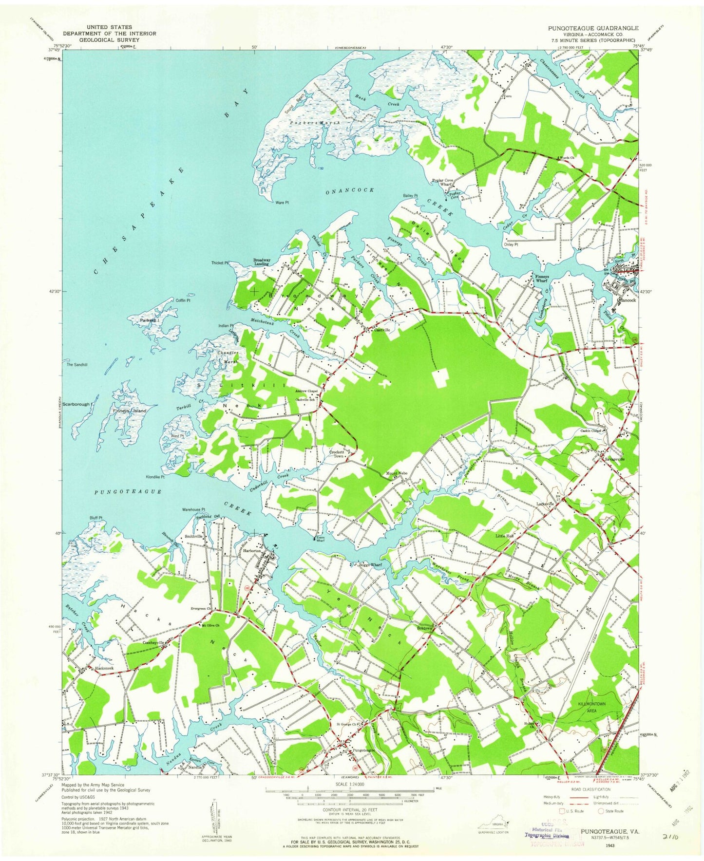 Classic USGS Pungoteague Virginia 7.5'x7.5' Topo Map Image