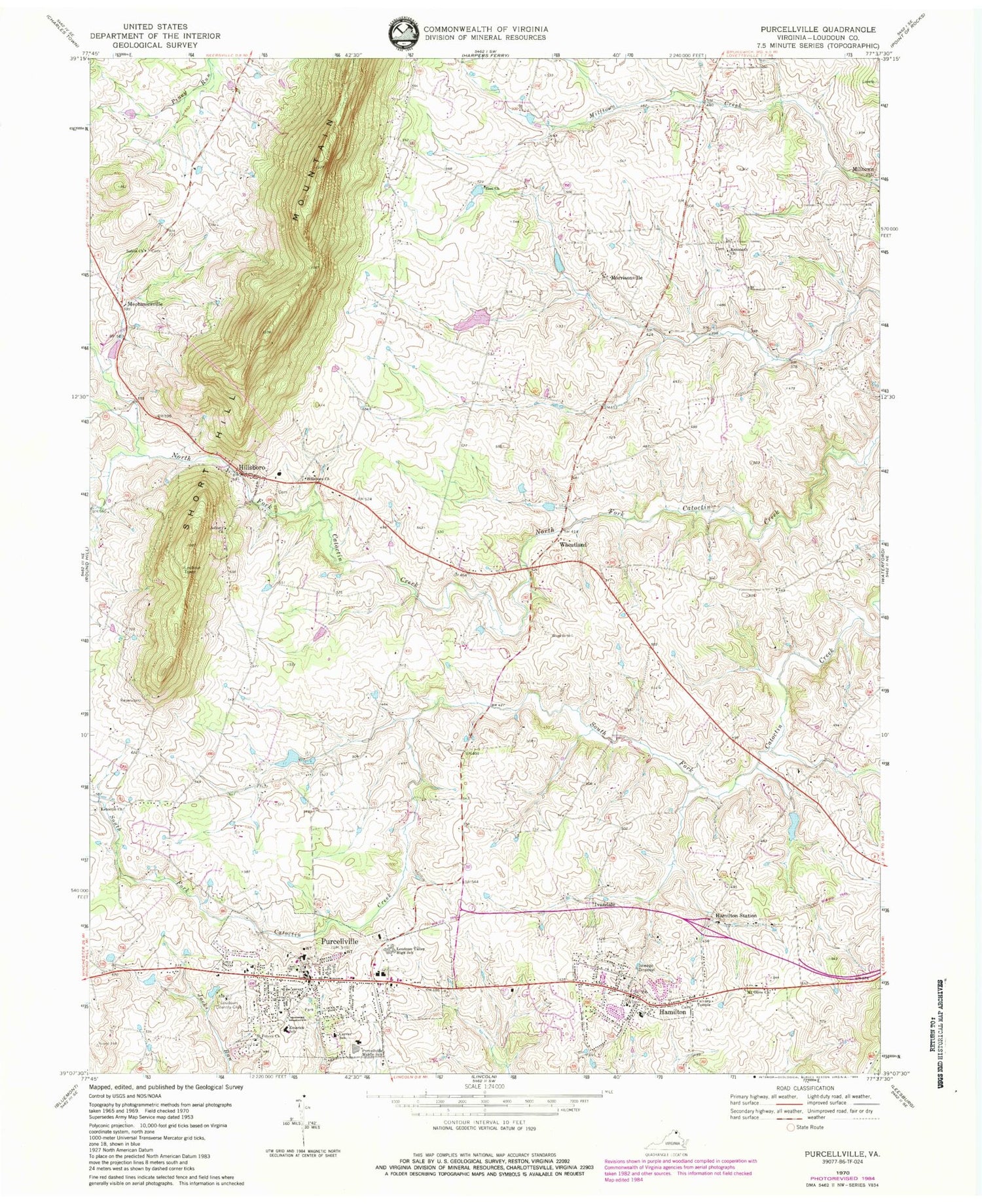 Classic USGS Purcellville Virginia 7.5'x7.5' Topo Map Image