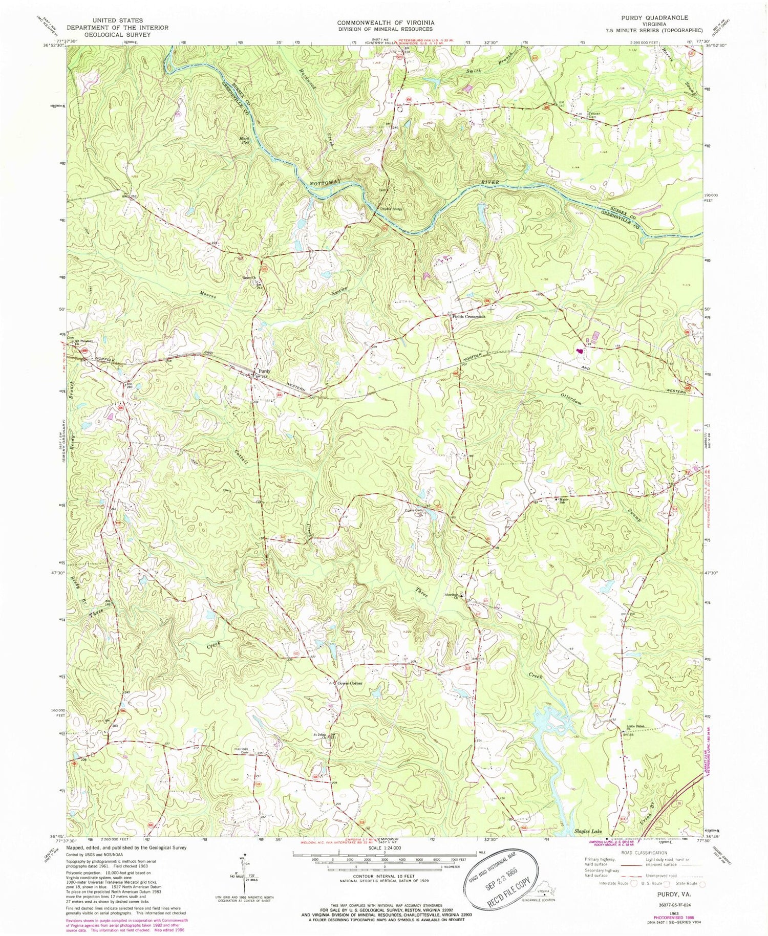Classic USGS Purdy Virginia 7.5'x7.5' Topo Map Image