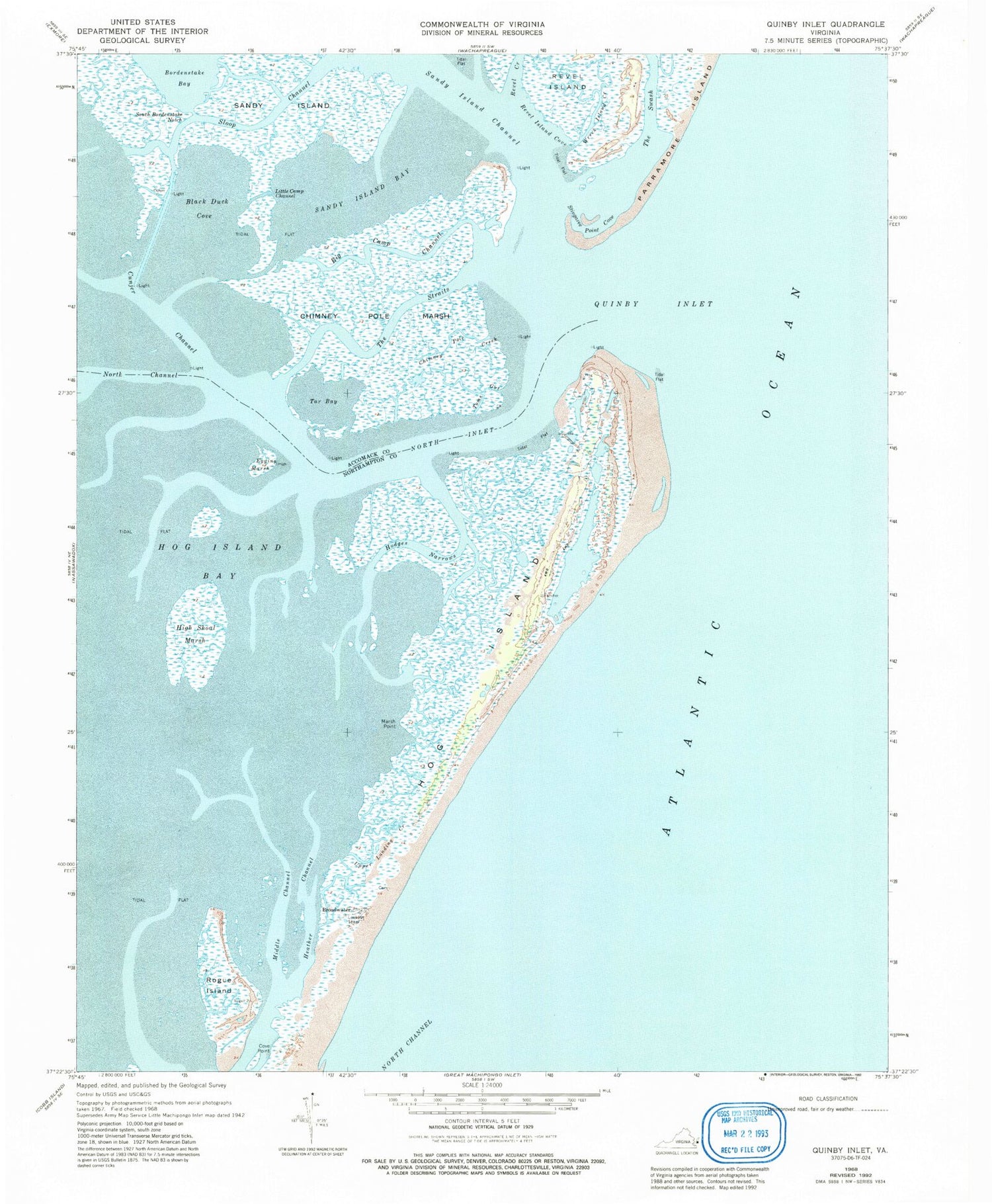 Classic USGS Quinby Inlet Virginia 7.5'x7.5' Topo Map Image