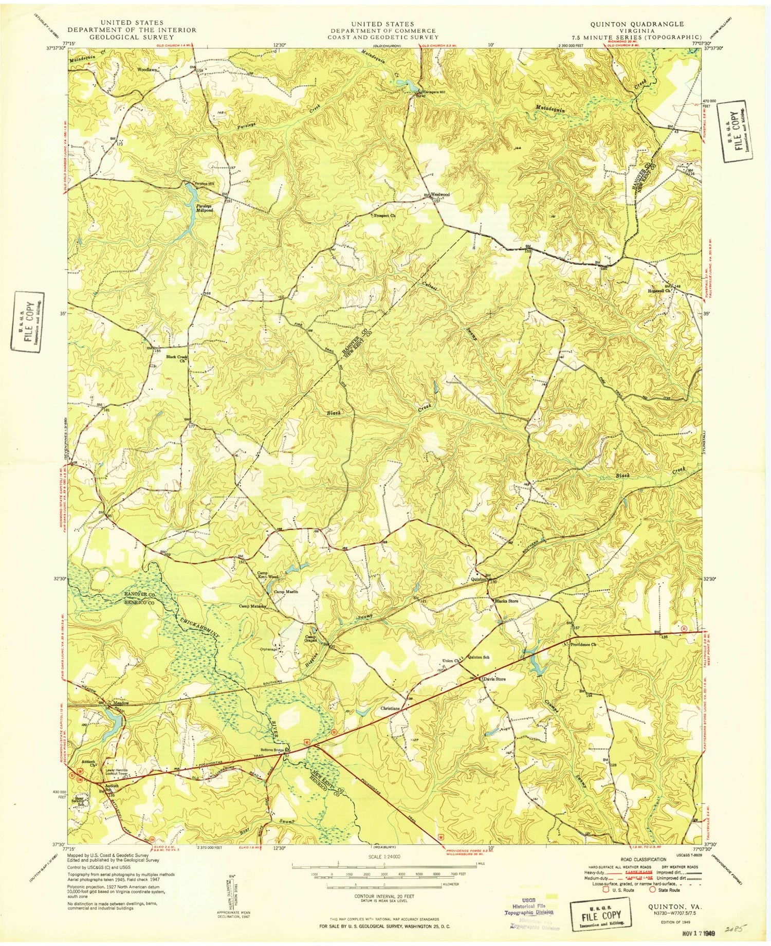 Classic USGS Quinton Virginia 7.5'x7.5' Topo Map Image