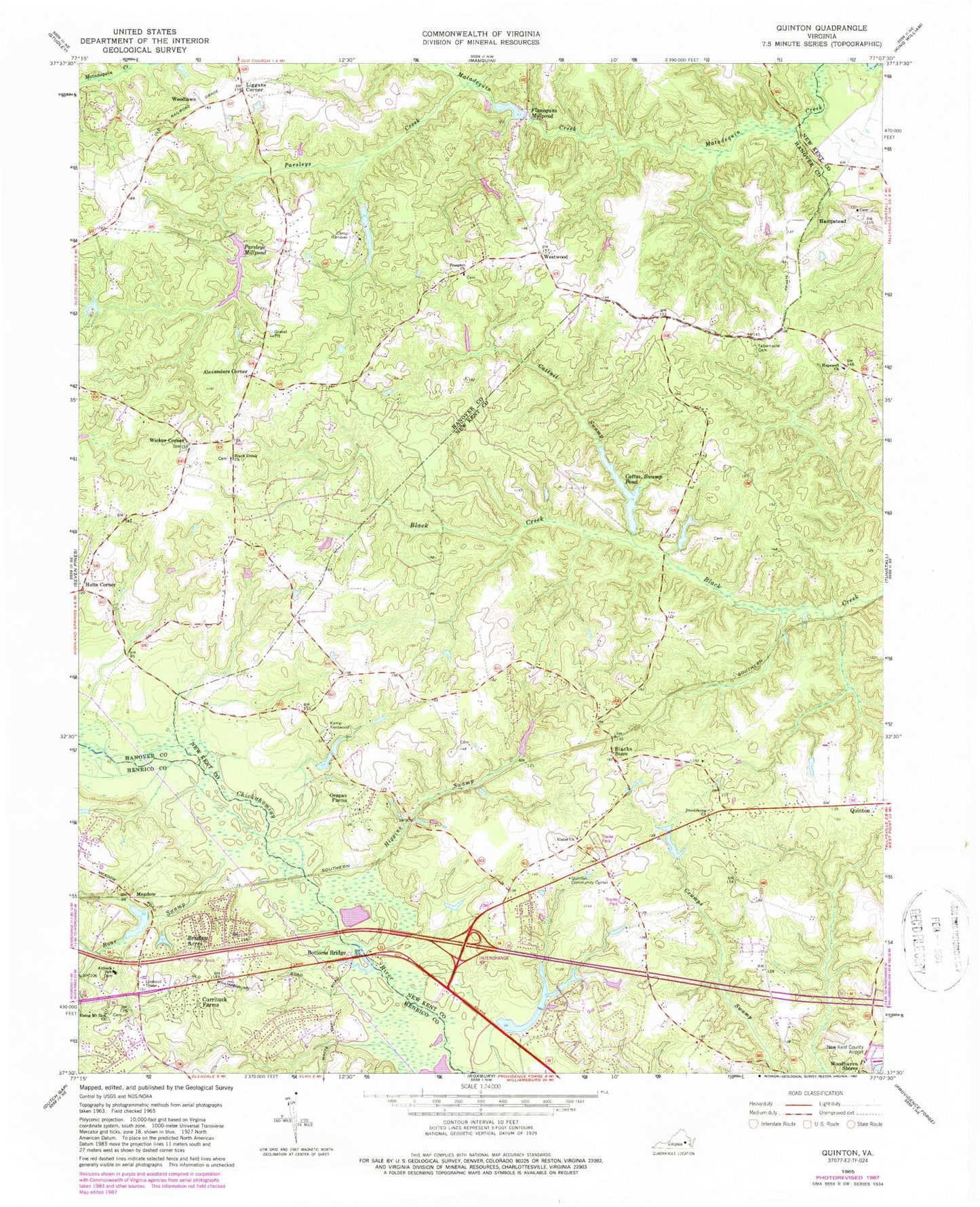 Classic USGS Quinton Virginia 7.5'x7.5' Topo Map Image