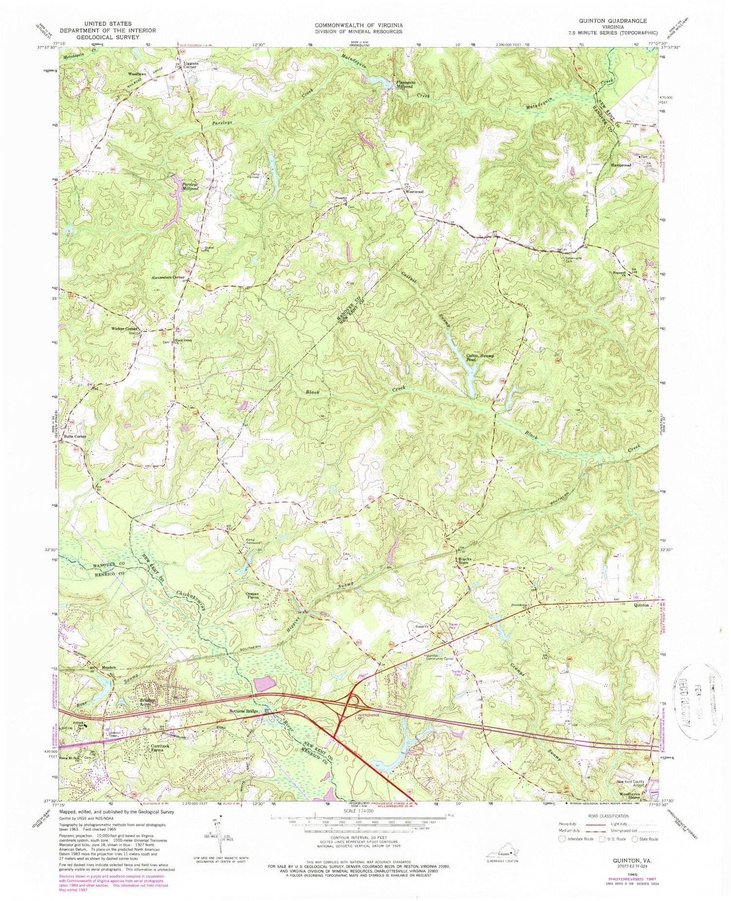 Classic USGS Quinton Virginia 7.5'x7.5' Topo Map Image