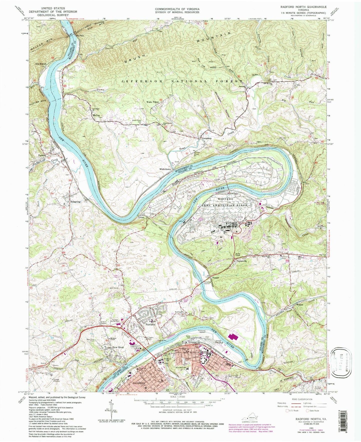 Classic USGS Radford North Virginia 7.5'x7.5' Topo Map Image