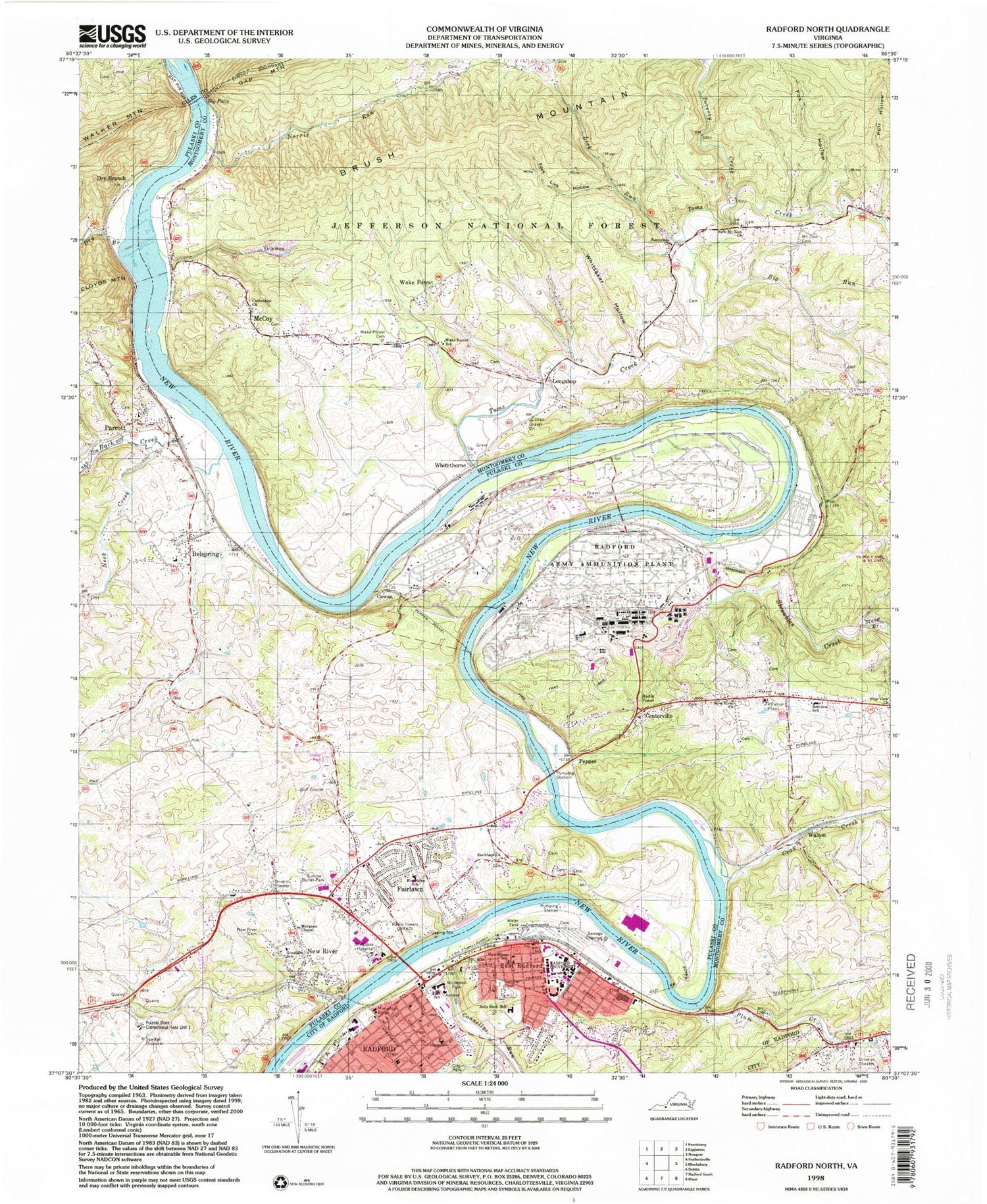 Classic USGS Radford North Virginia 7.5'x7.5' Topo Map Image