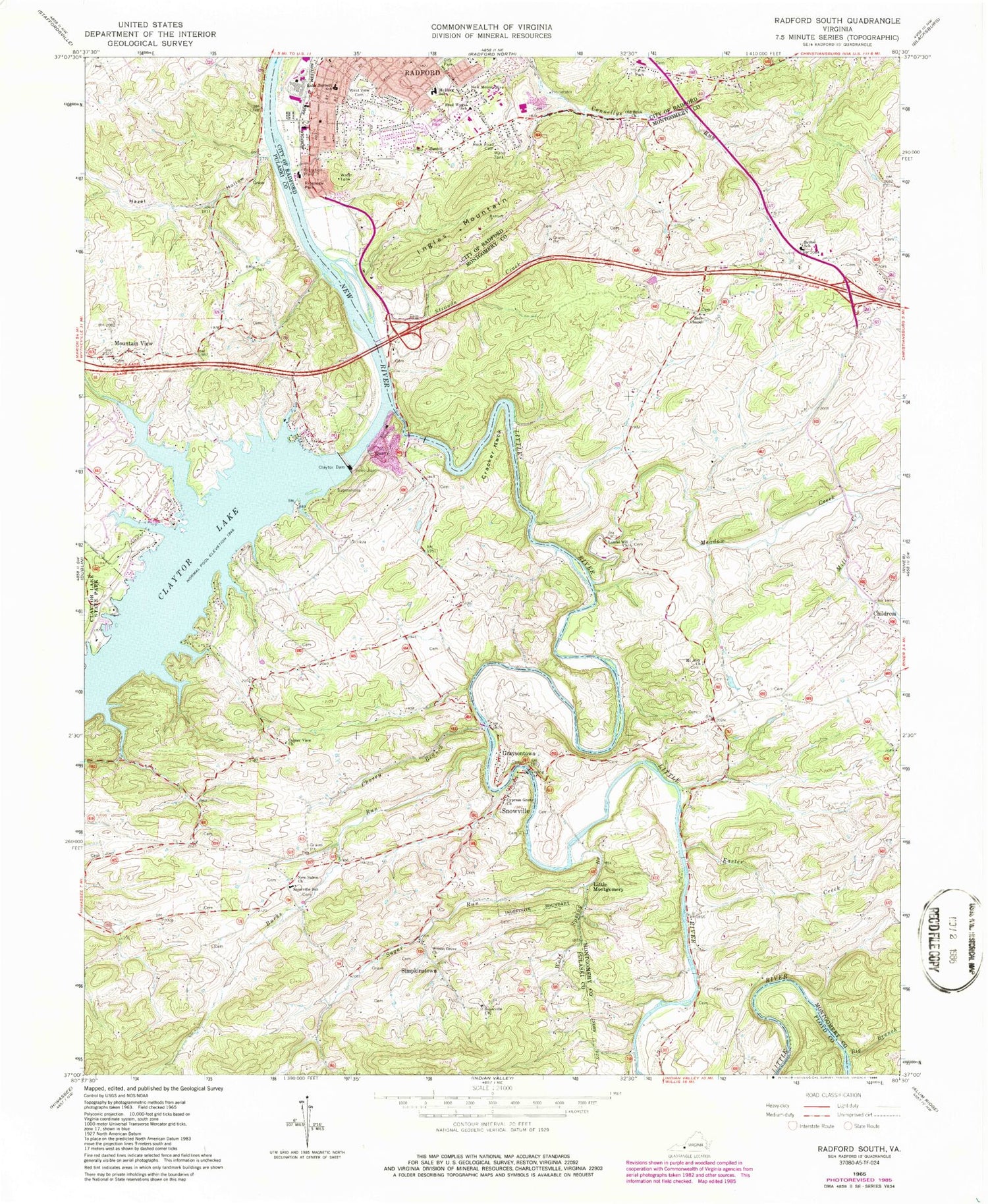 Classic USGS Radford South Virginia 7.5'x7.5' Topo Map Image
