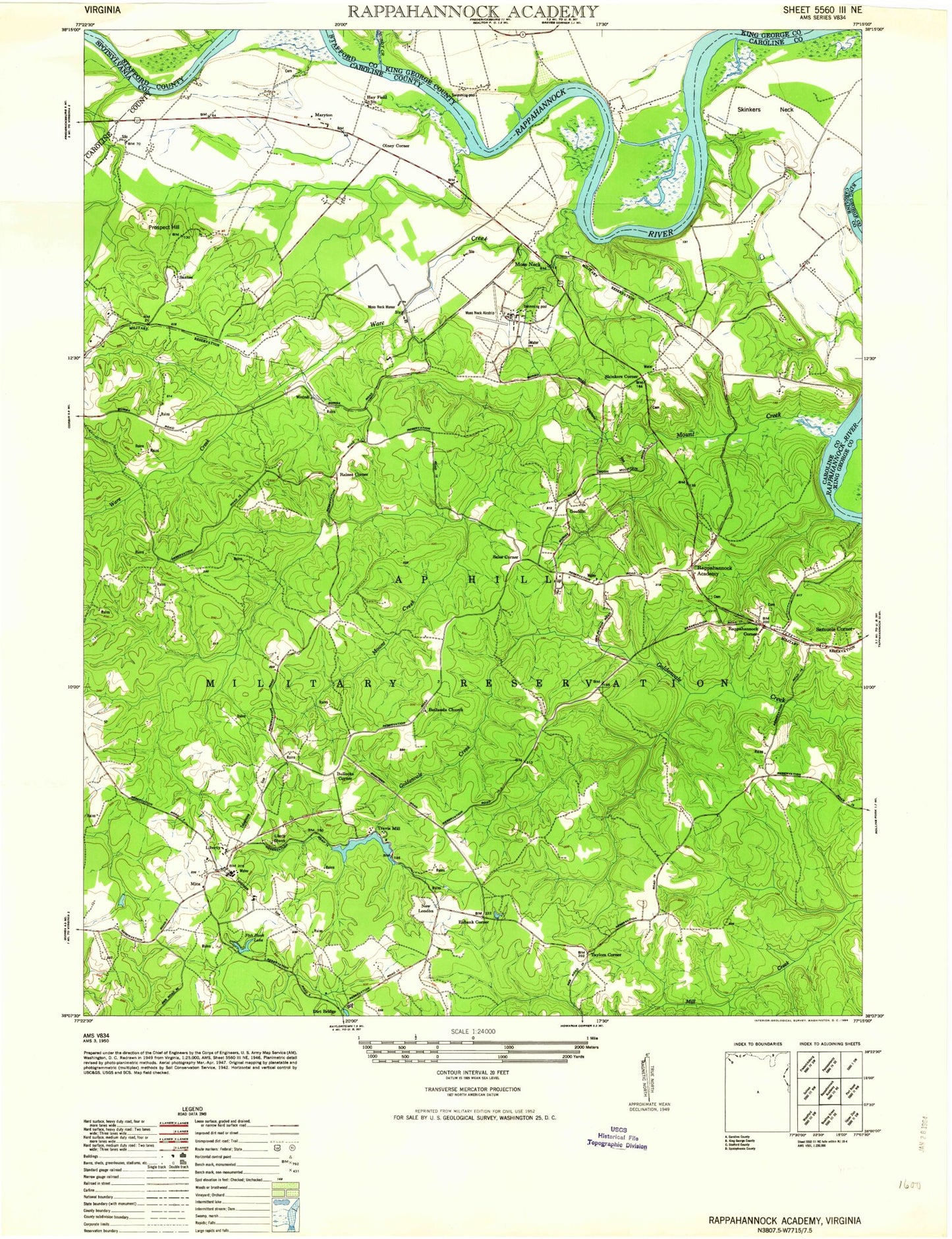 Classic USGS Rappahannock Academy Virginia 7.5'x7.5' Topo Map Image