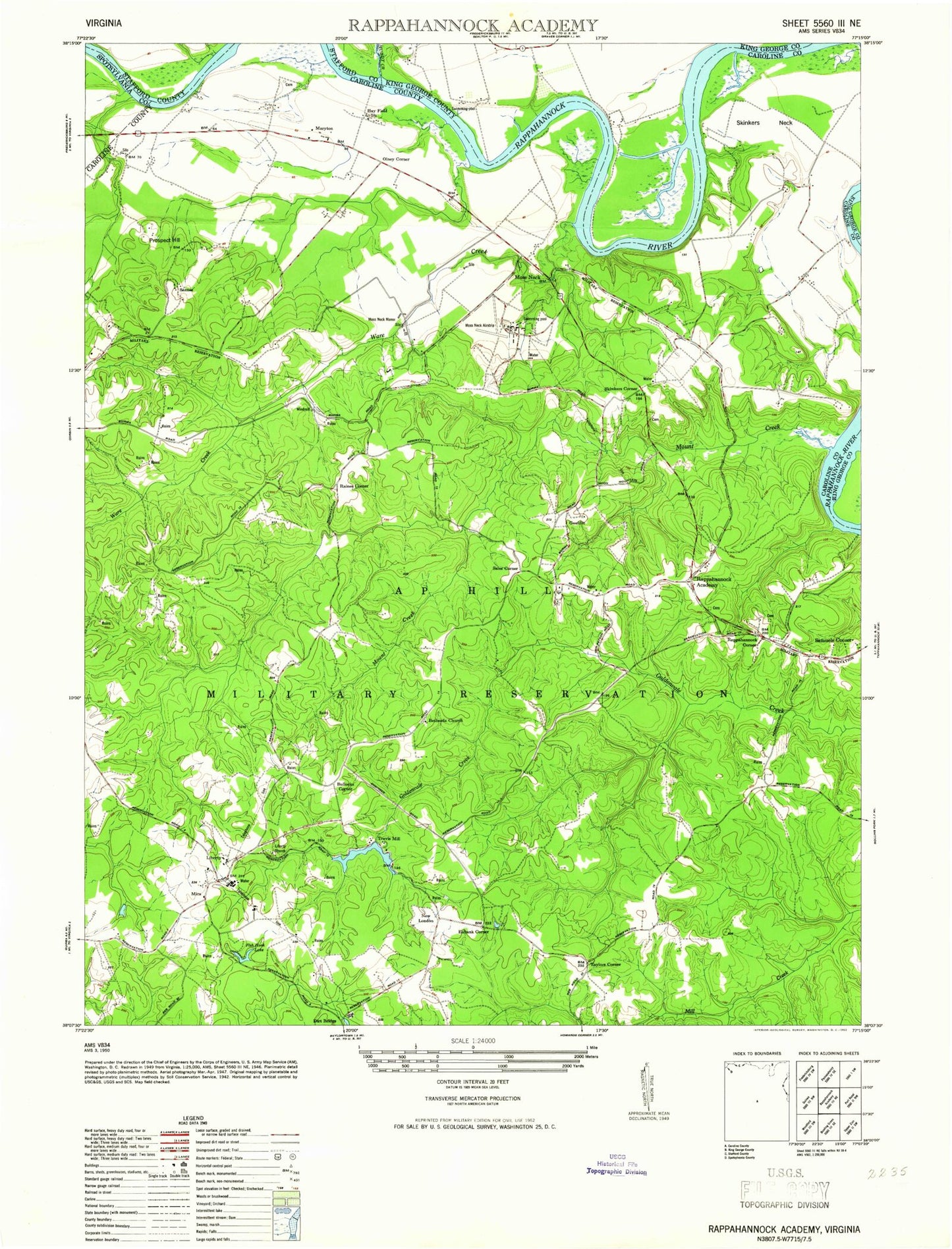Classic USGS Rappahannock Academy Virginia 7.5'x7.5' Topo Map Image