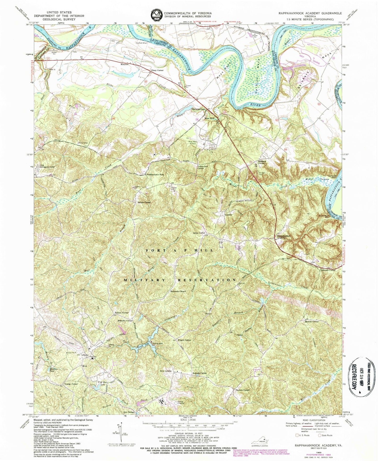 Classic USGS Rappahannock Academy Virginia 7.5'x7.5' Topo Map Image