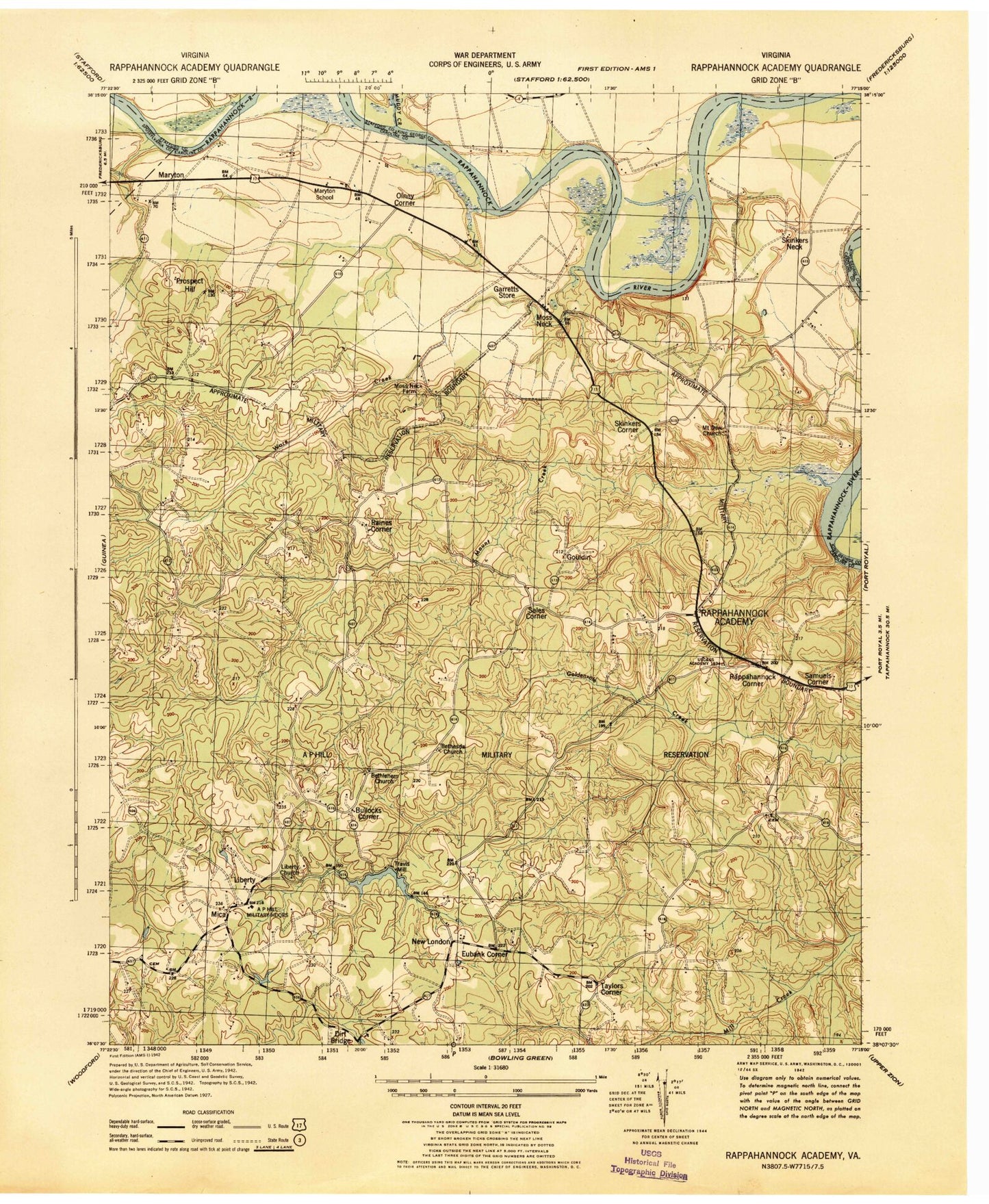 Classic USGS Rappahannock Academy Virginia 7.5'x7.5' Topo Map Image