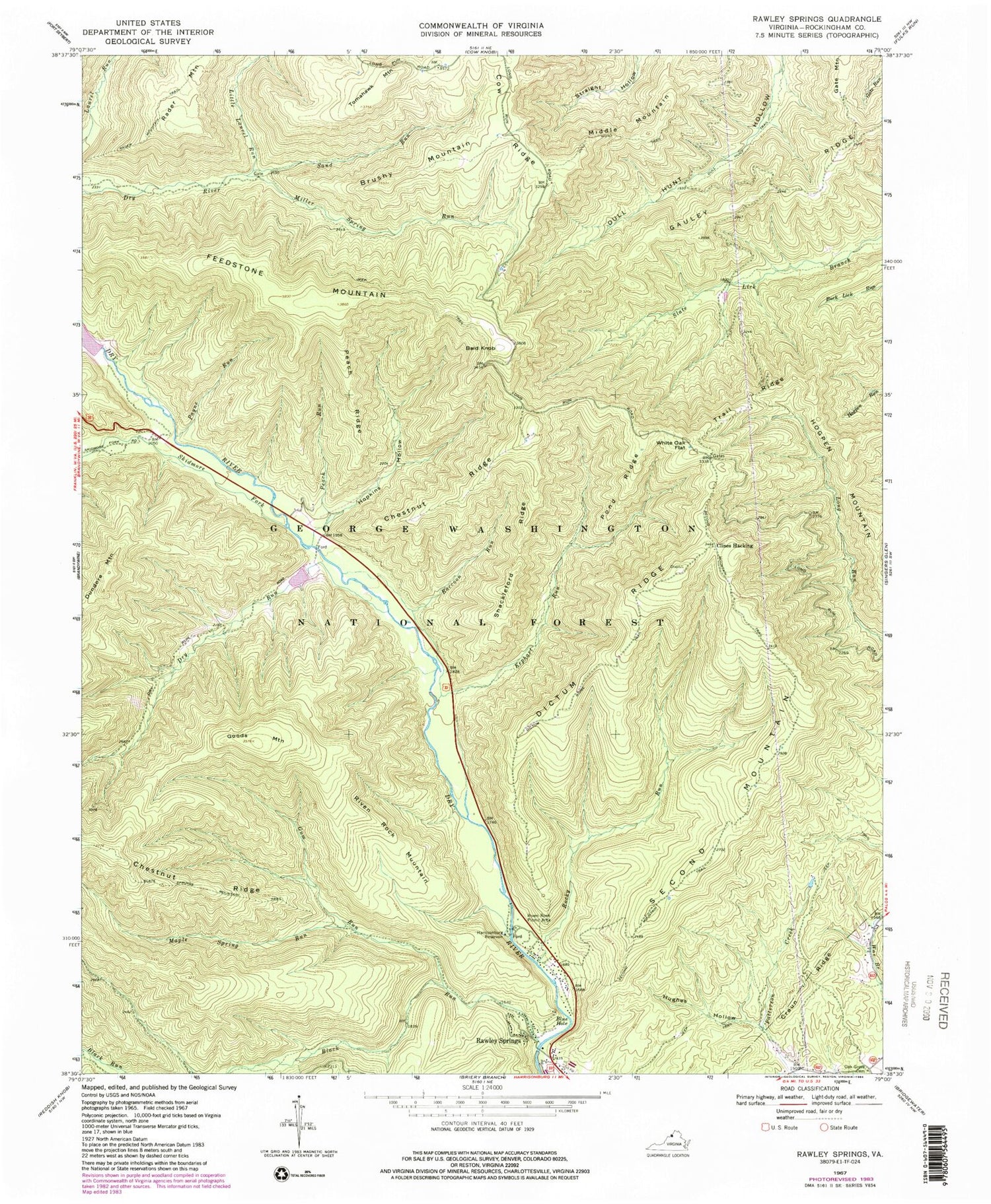 Classic USGS Rawley Springs Virginia 7.5'x7.5' Topo Map Image