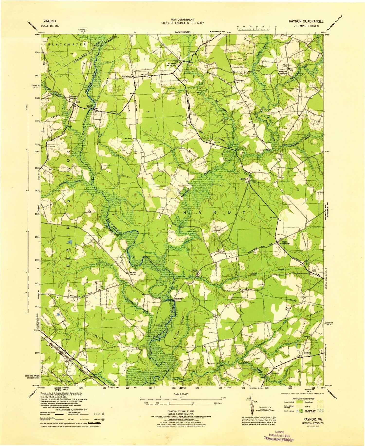 Classic USGS Raynor Virginia 7.5'x7.5' Topo Map Image