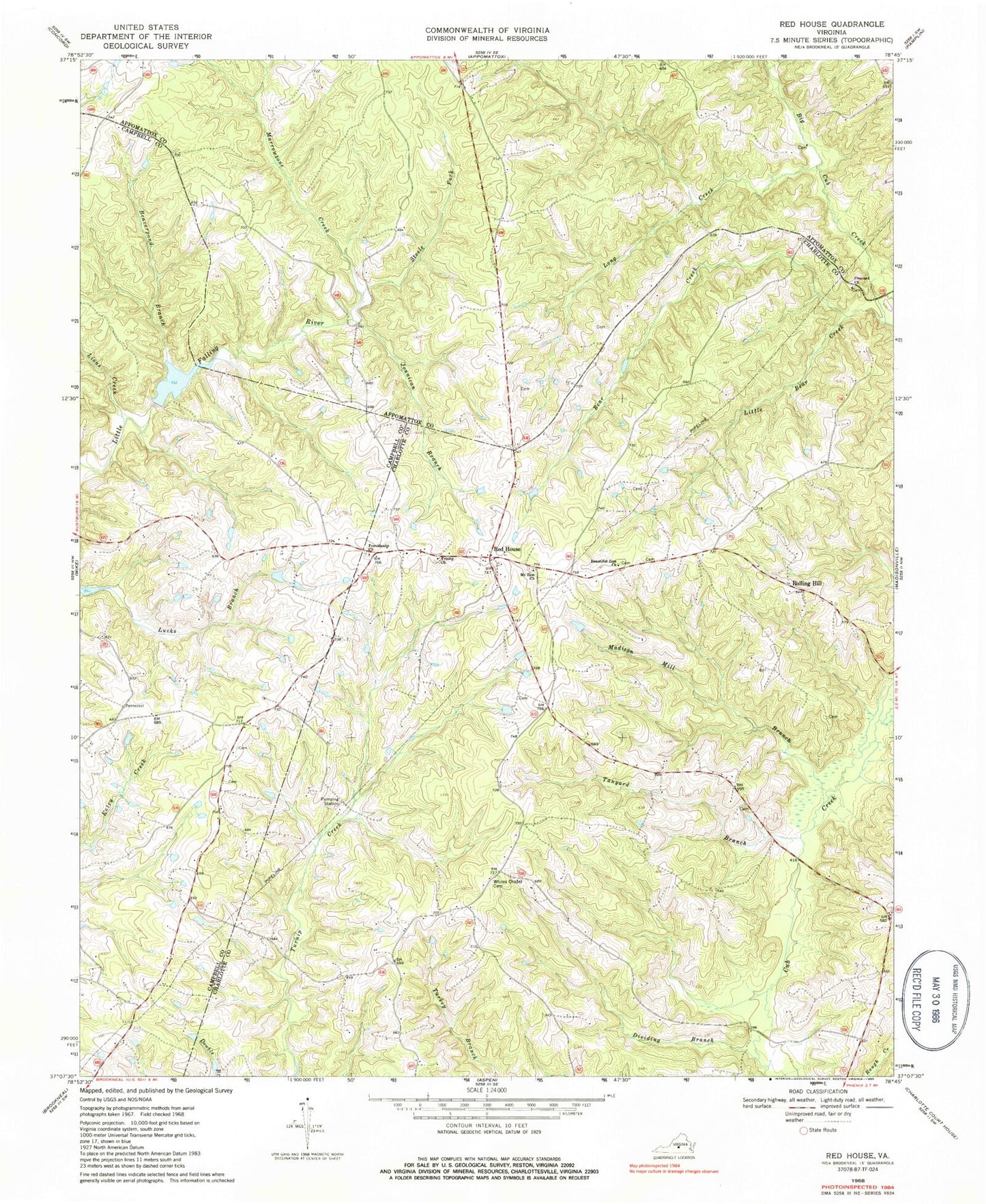 Classic USGS Red House Virginia 7.5'x7.5' Topo Map Image