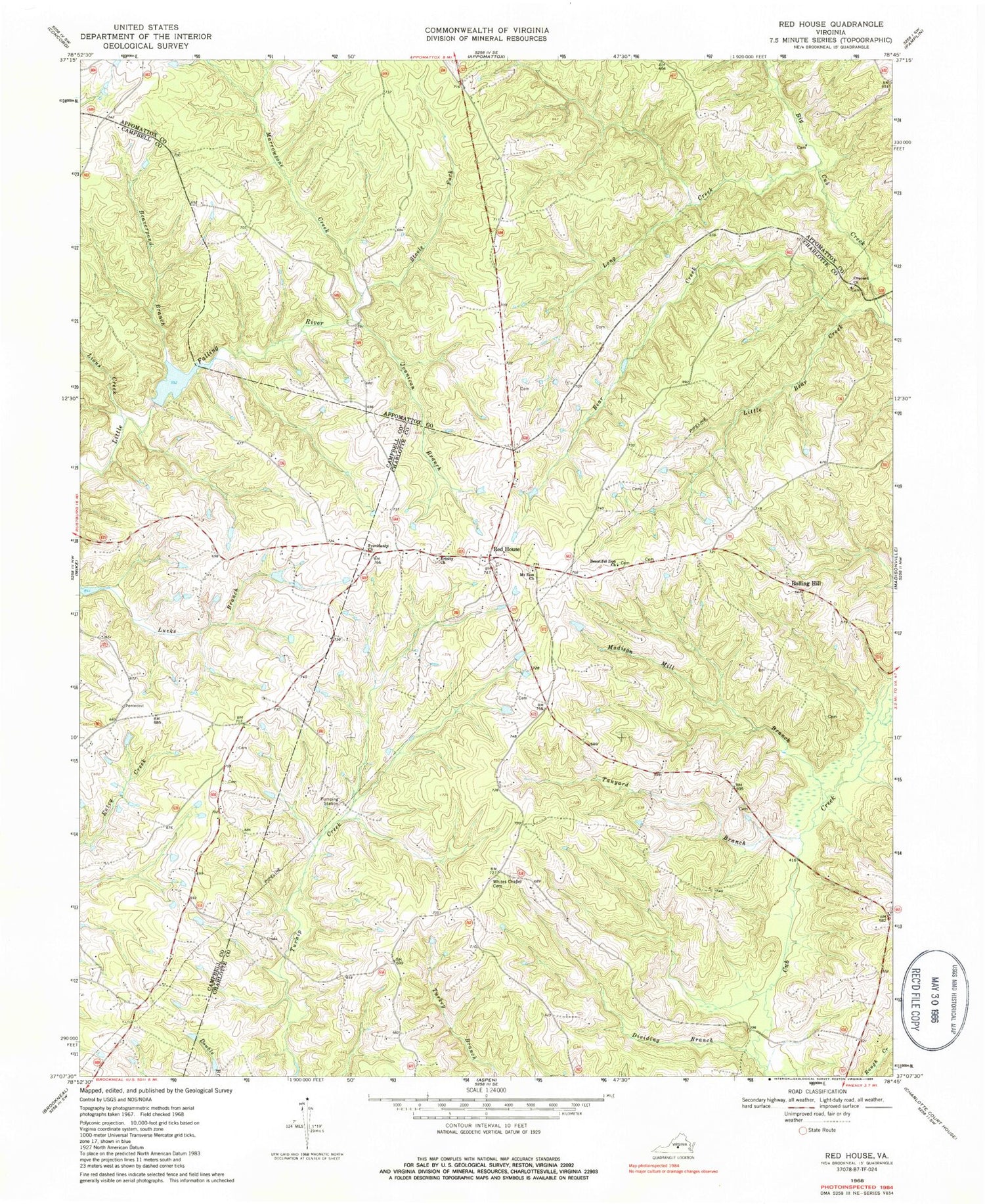 Classic USGS Red House Virginia 7.5'x7.5' Topo Map Image