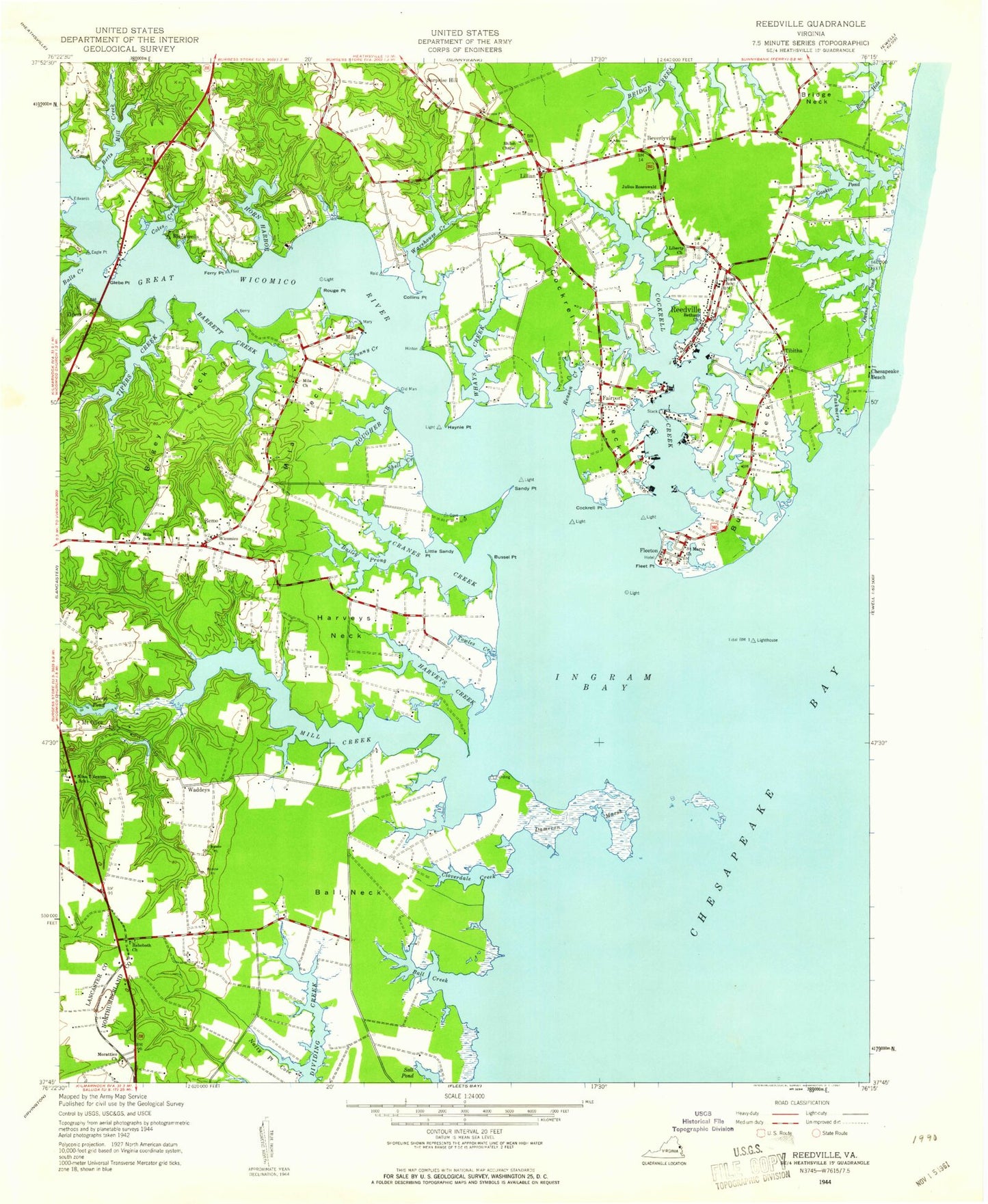 Classic USGS Reedville Virginia 7.5'x7.5' Topo Map Image