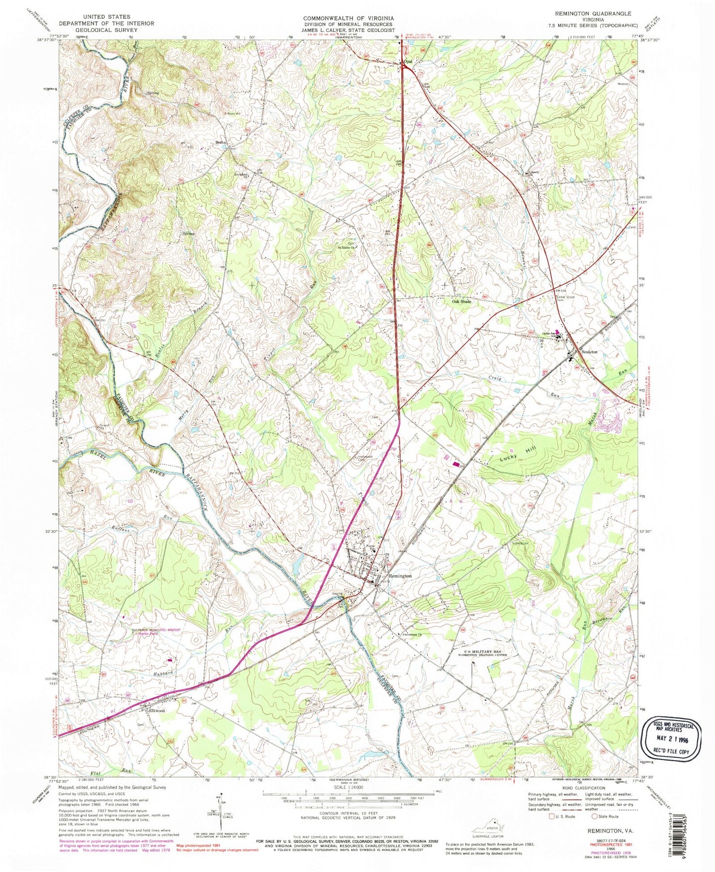 Classic USGS Remington Virginia 7.5'x7.5' Topo Map Image