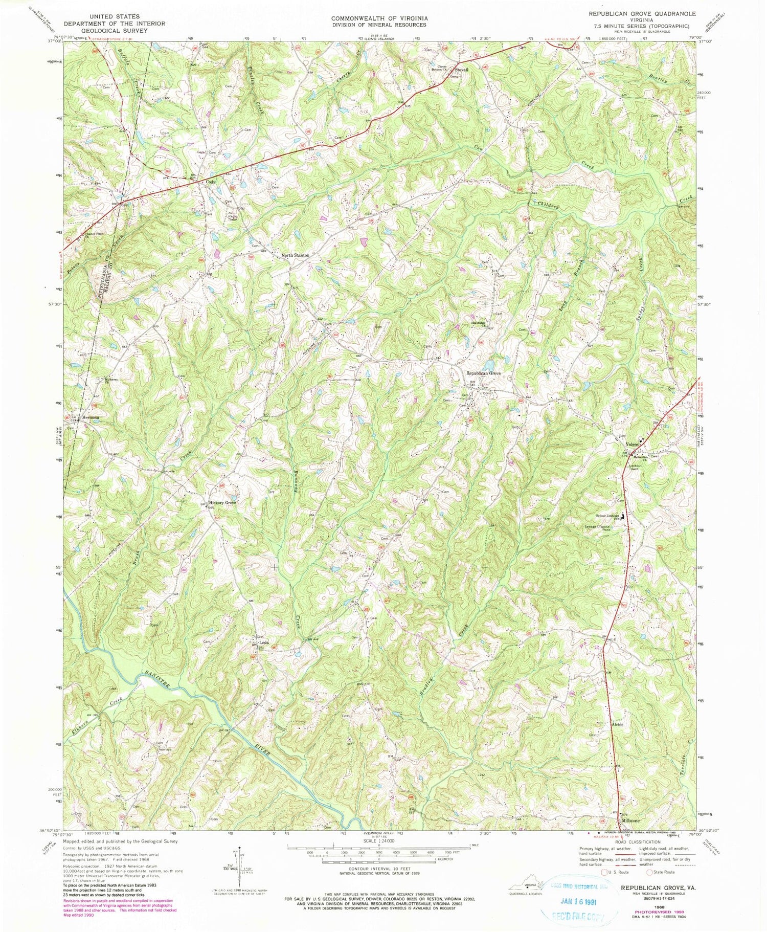 Classic USGS Republican Grove Virginia 7.5'x7.5' Topo Map Image