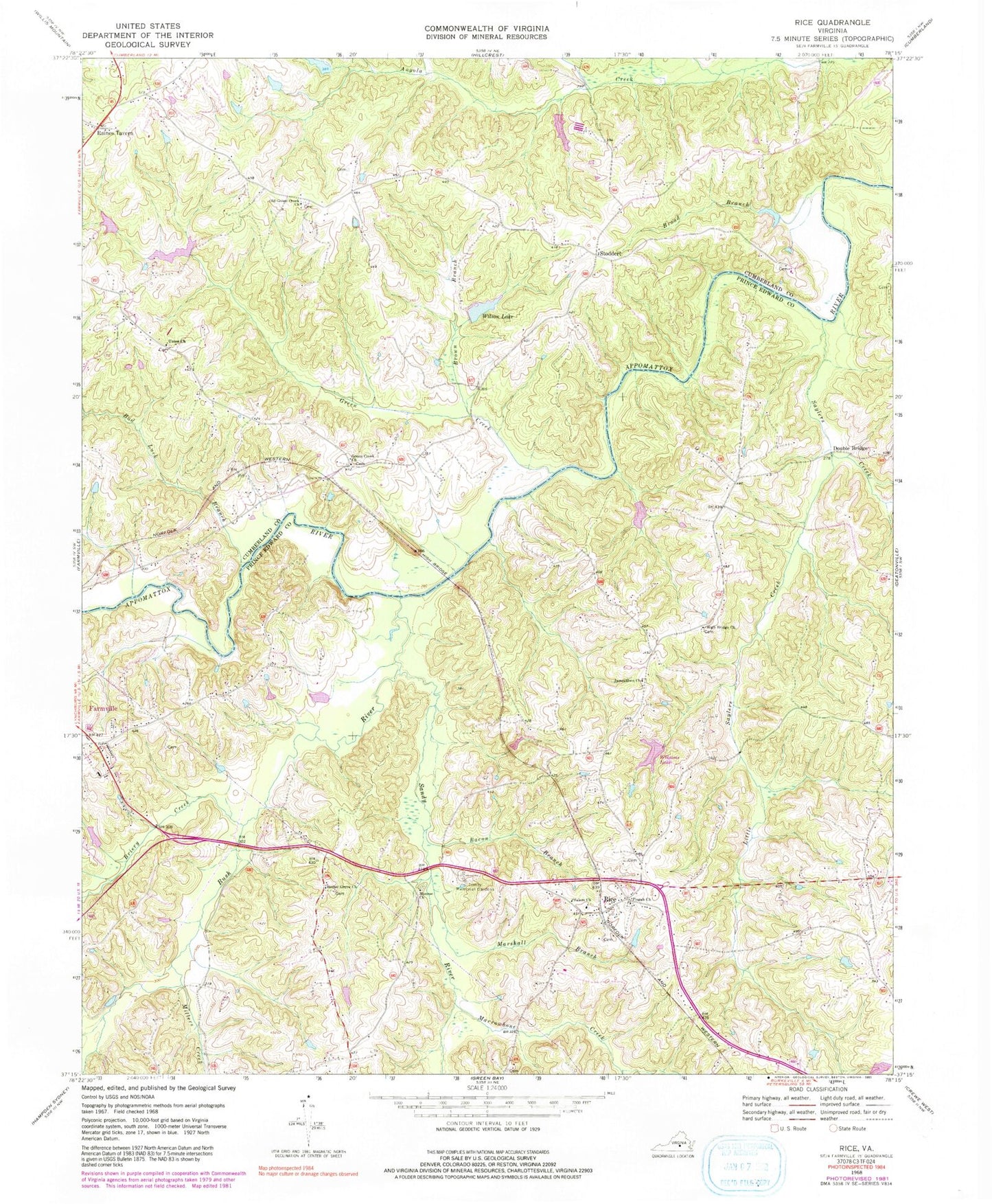 Classic USGS Rice Virginia 7.5'x7.5' Topo Map Image