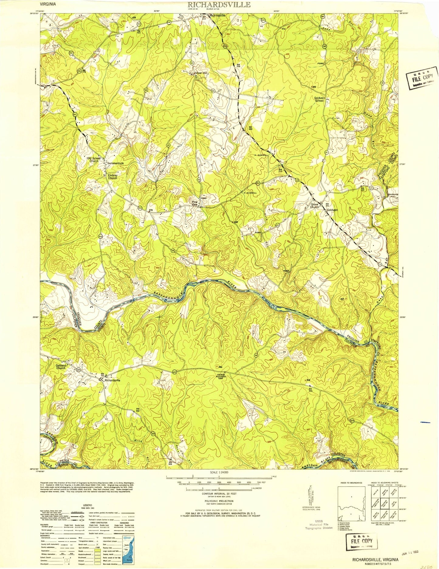 Classic USGS Richardsville Virginia 7.5'x7.5' Topo Map Image