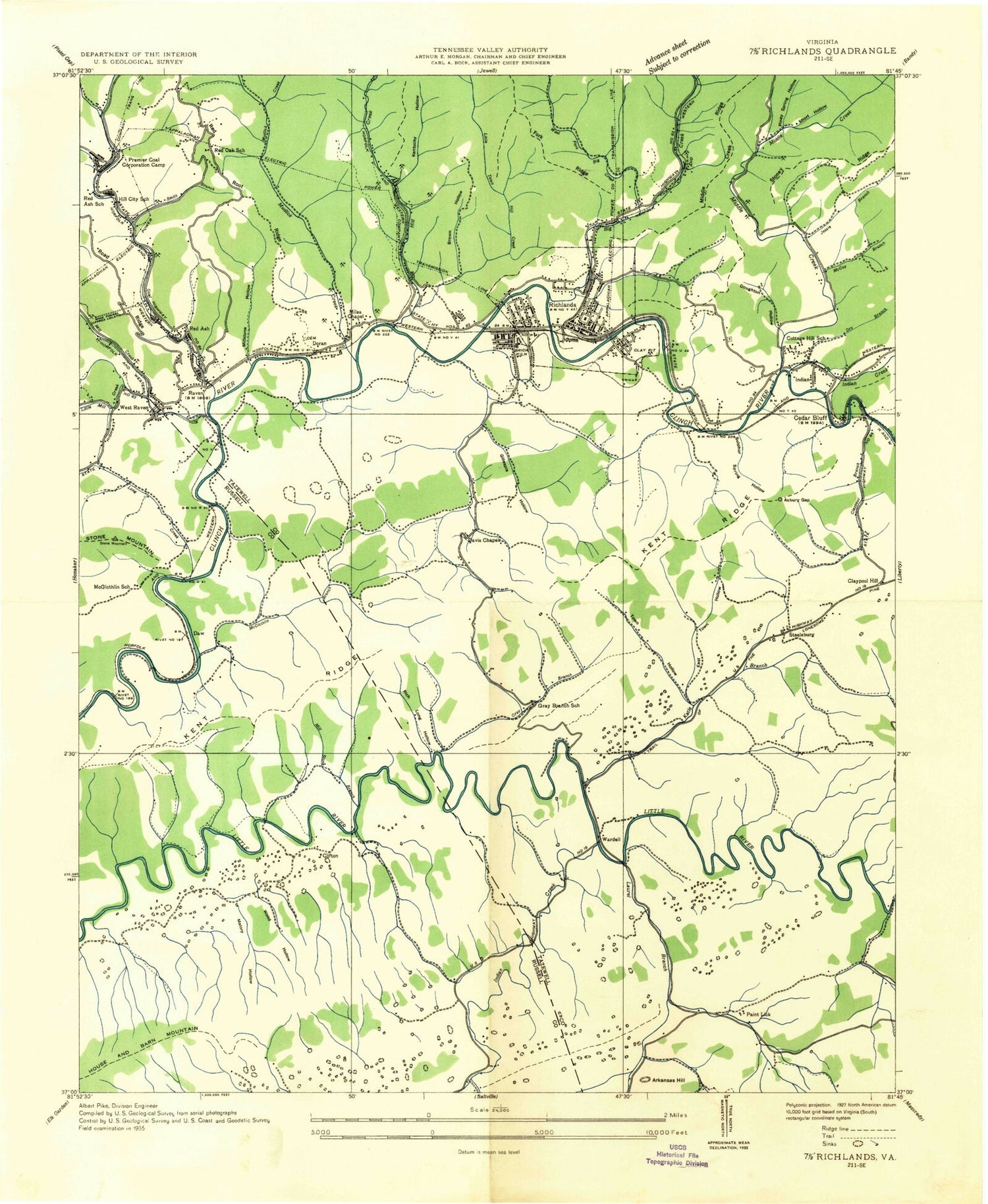 Classic USGS Richlands Virginia 7.5'x7.5' Topo Map Image