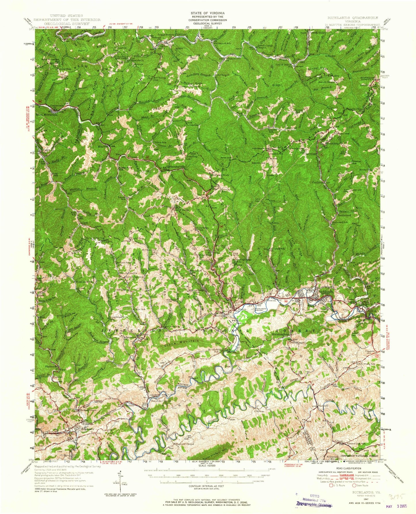Classic USGS Richlands Virginia 7.5'x7.5' Topo Map Image