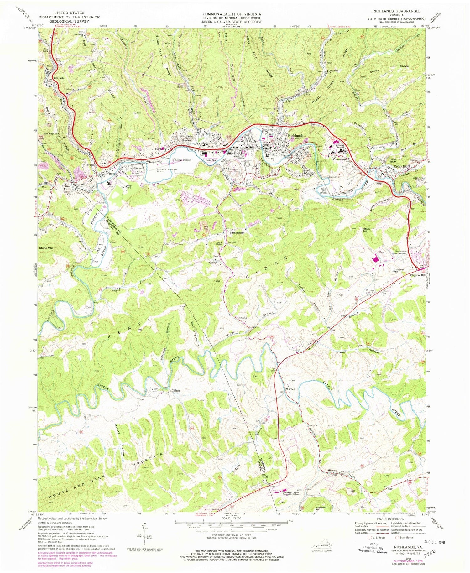 Classic USGS Richlands Virginia 7.5'x7.5' Topo Map Image