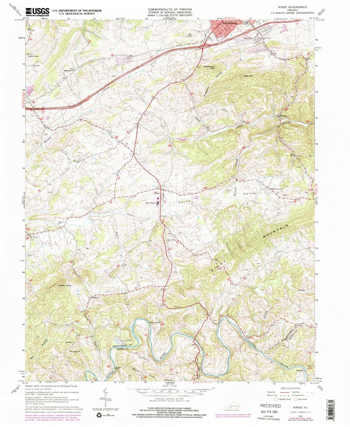 Classic USGS Riner Virginia 7.5'x7.5' Topo Map Image
