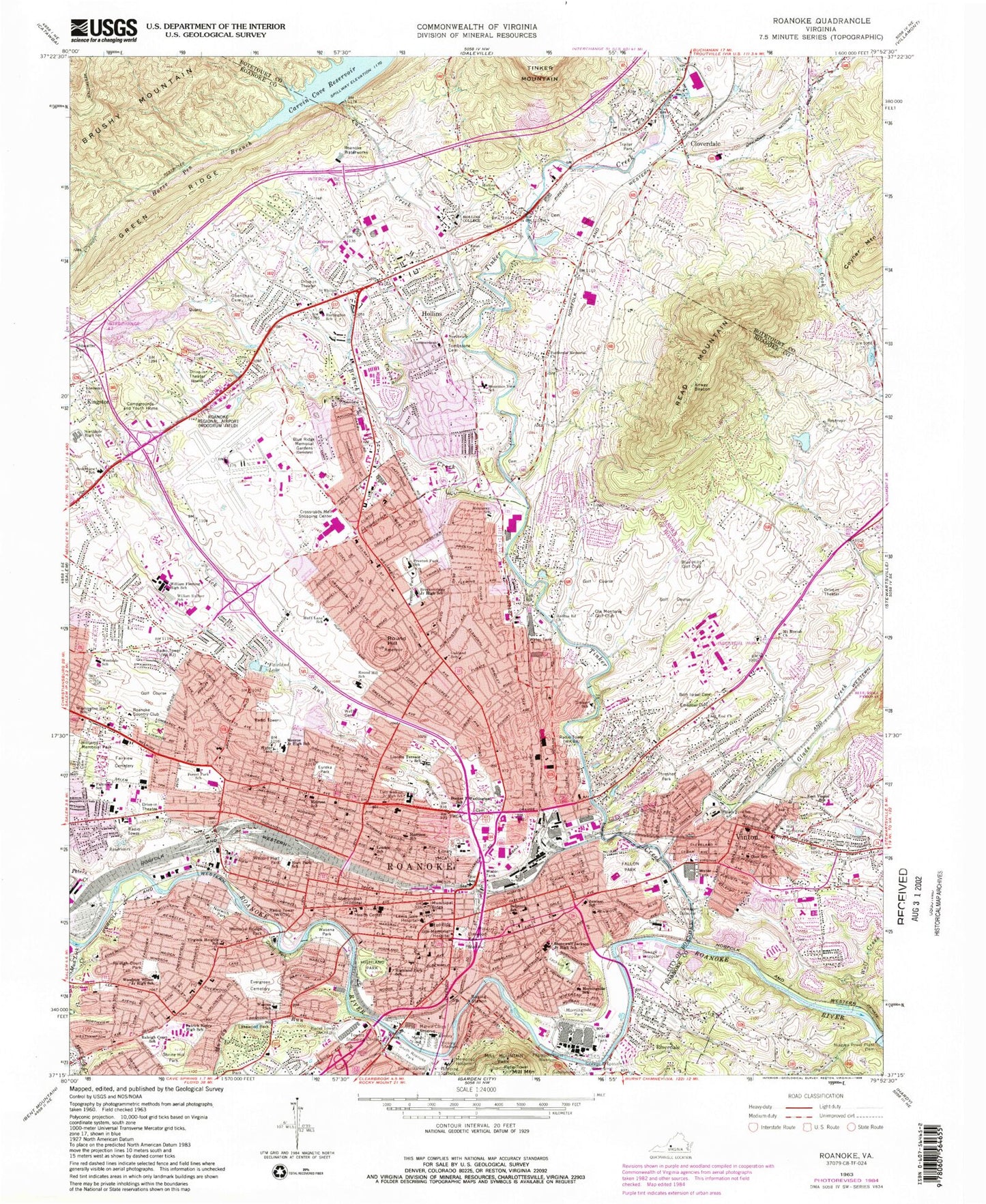 Classic USGS Roanoke Virginia 7.5'x7.5' Topo Map Image