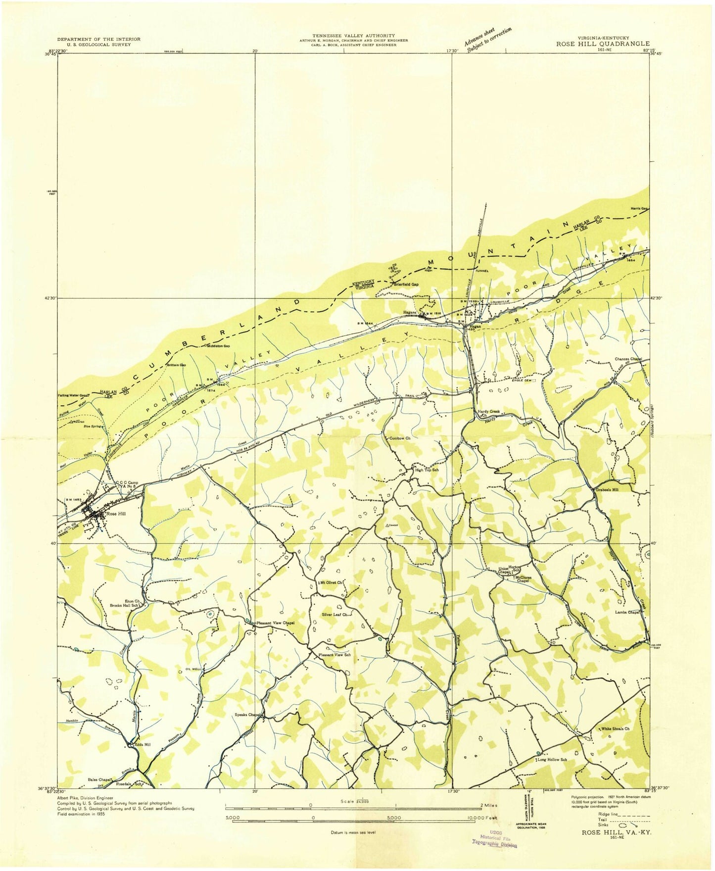 Classic USGS Rose Hill Virginia 7.5'x7.5' Topo Map Image