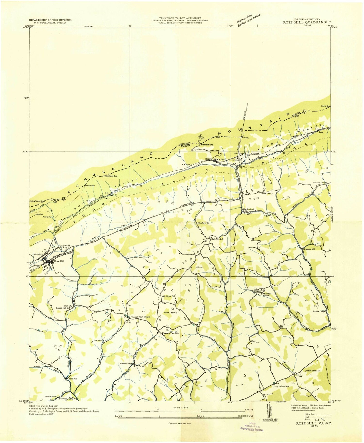 Classic USGS Rose Hill Virginia 7.5'x7.5' Topo Map Image