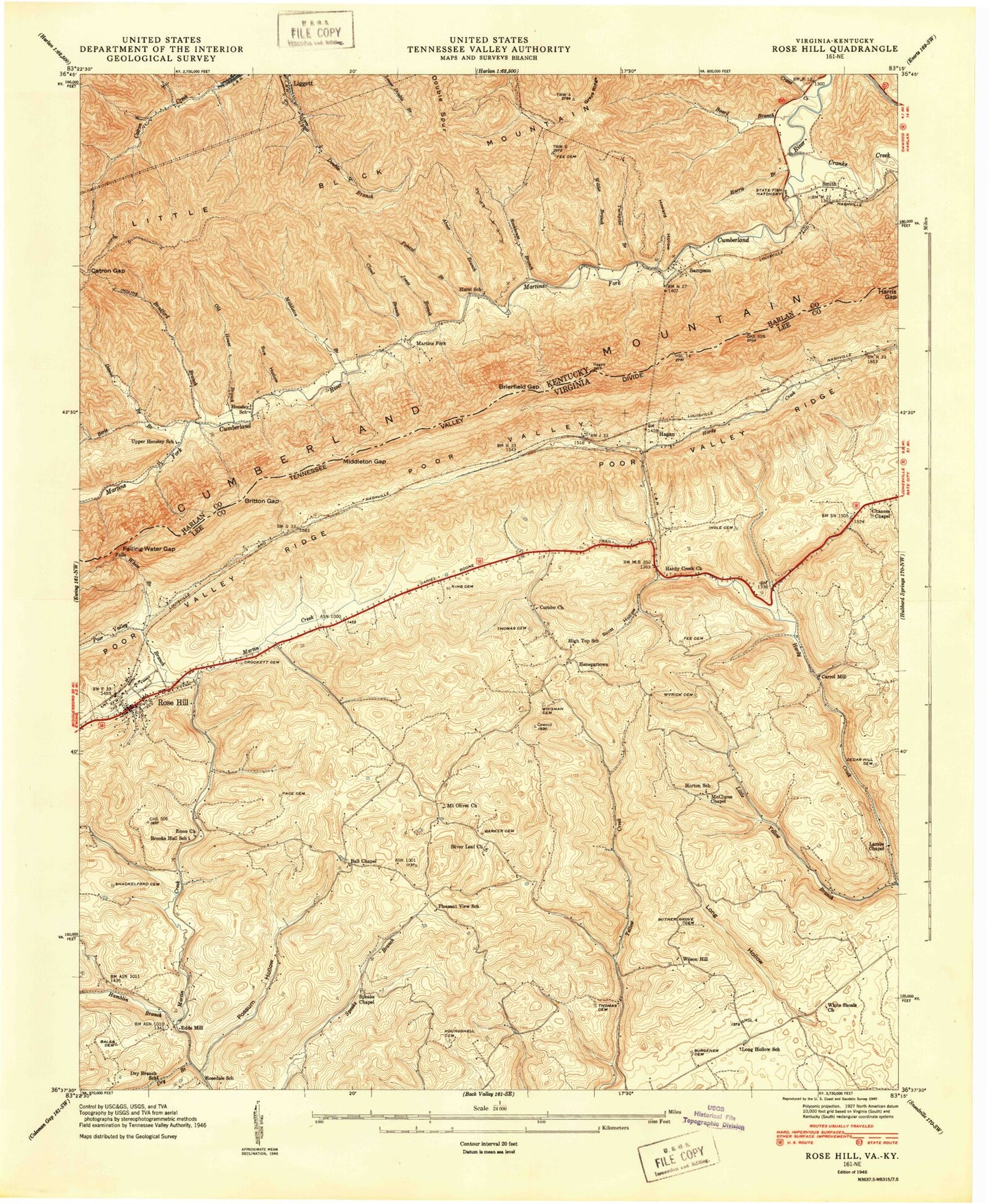 Classic USGS Rose Hill Virginia 7.5'x7.5' Topo Map Image