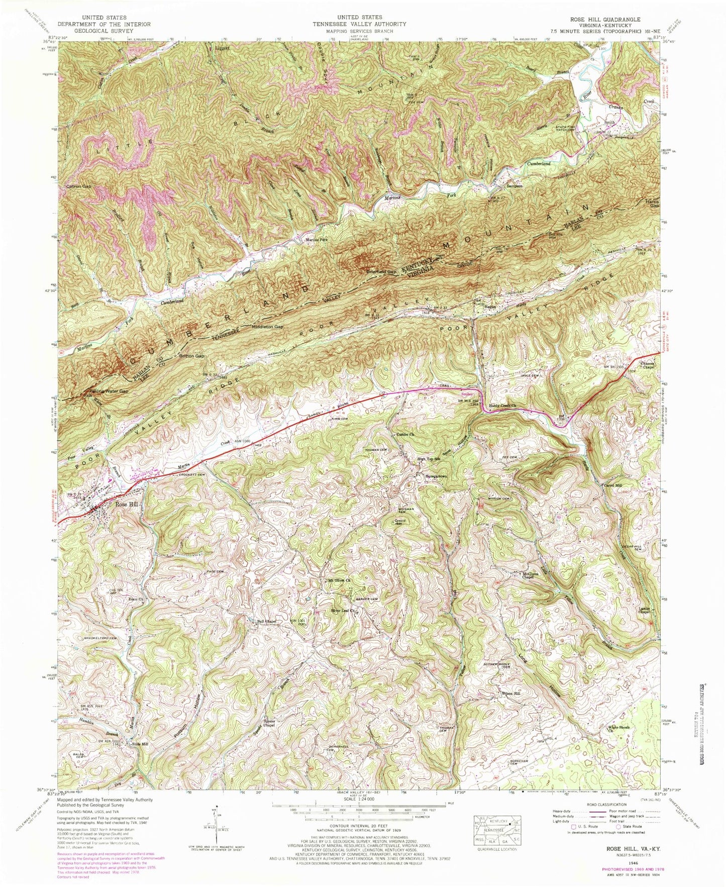Classic USGS Rose Hill Virginia 7.5'x7.5' Topo Map Image