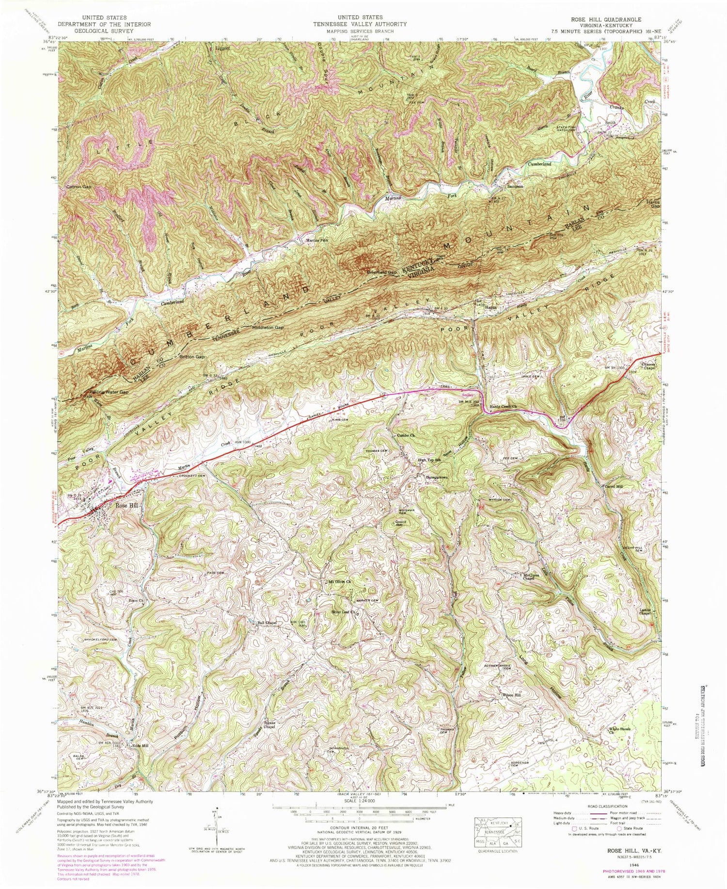 Classic USGS Rose Hill Virginia 7.5'x7.5' Topo Map Image