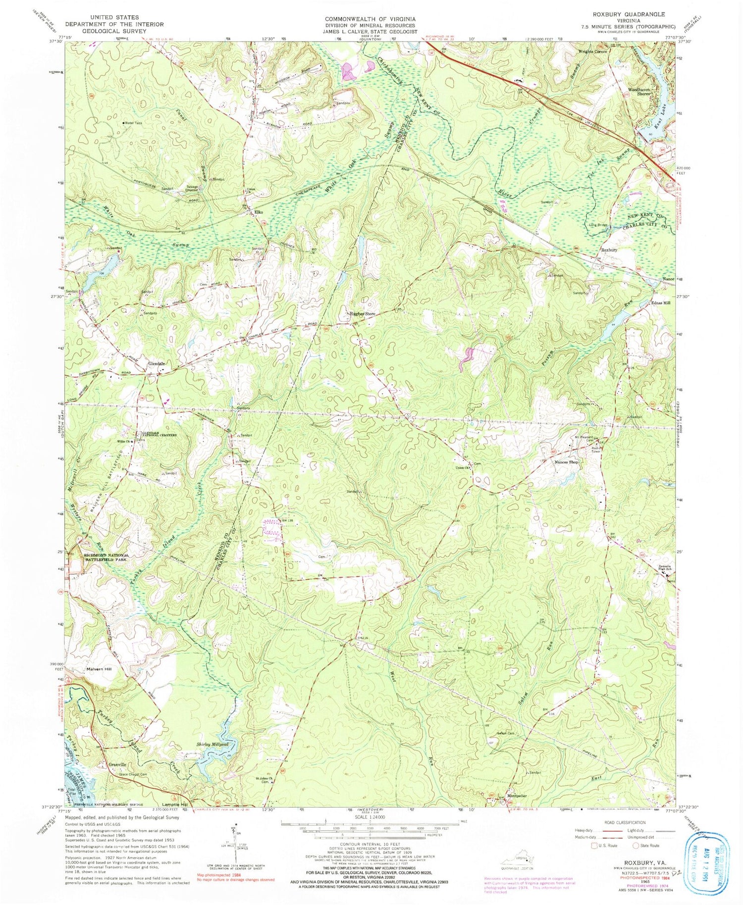 Classic USGS Roxbury Virginia 7.5'x7.5' Topo Map Image
